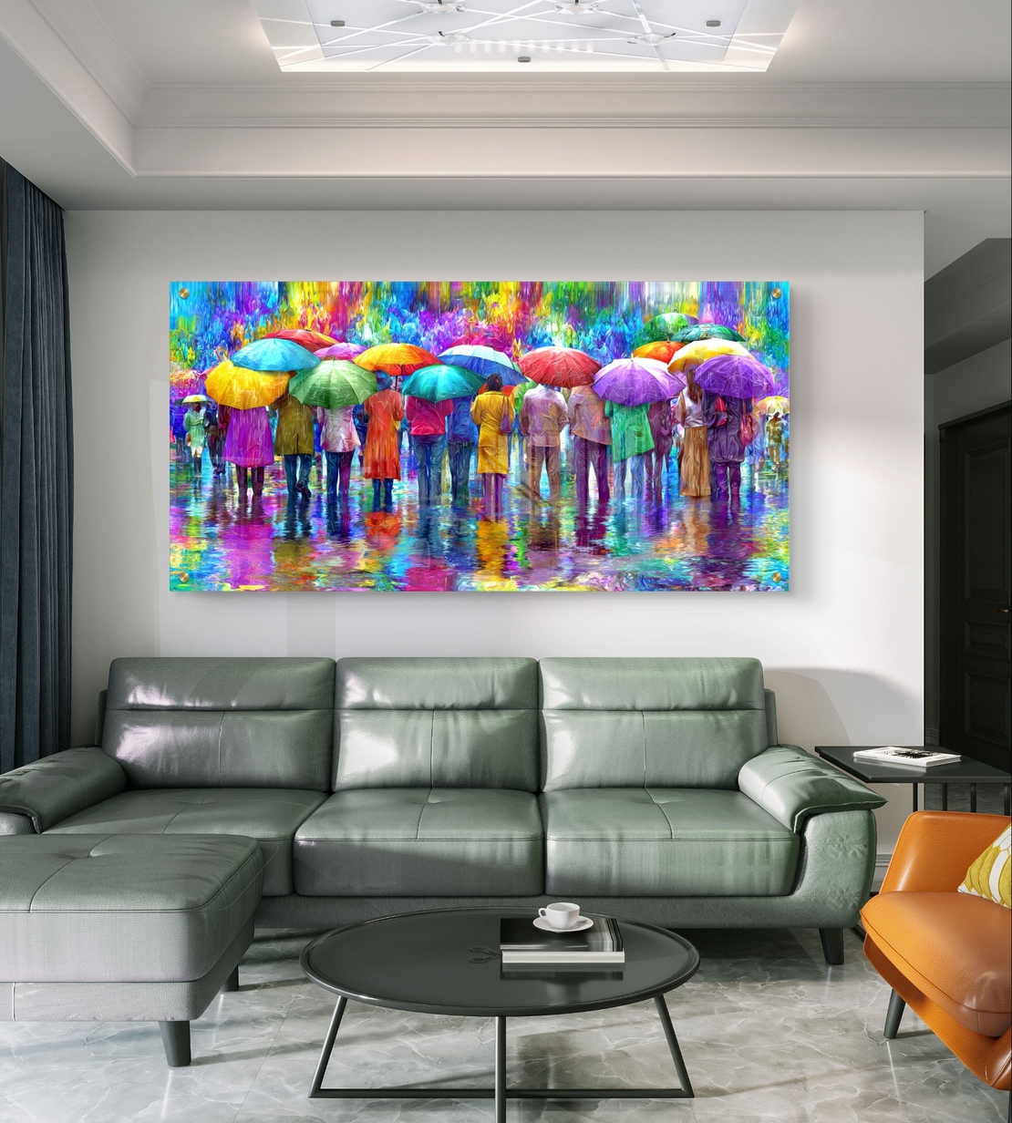 תמונת זכוכית לרוחב עם אנשים תחת מטריות צבעוניות המשתקפים במים – תכשיט לבית