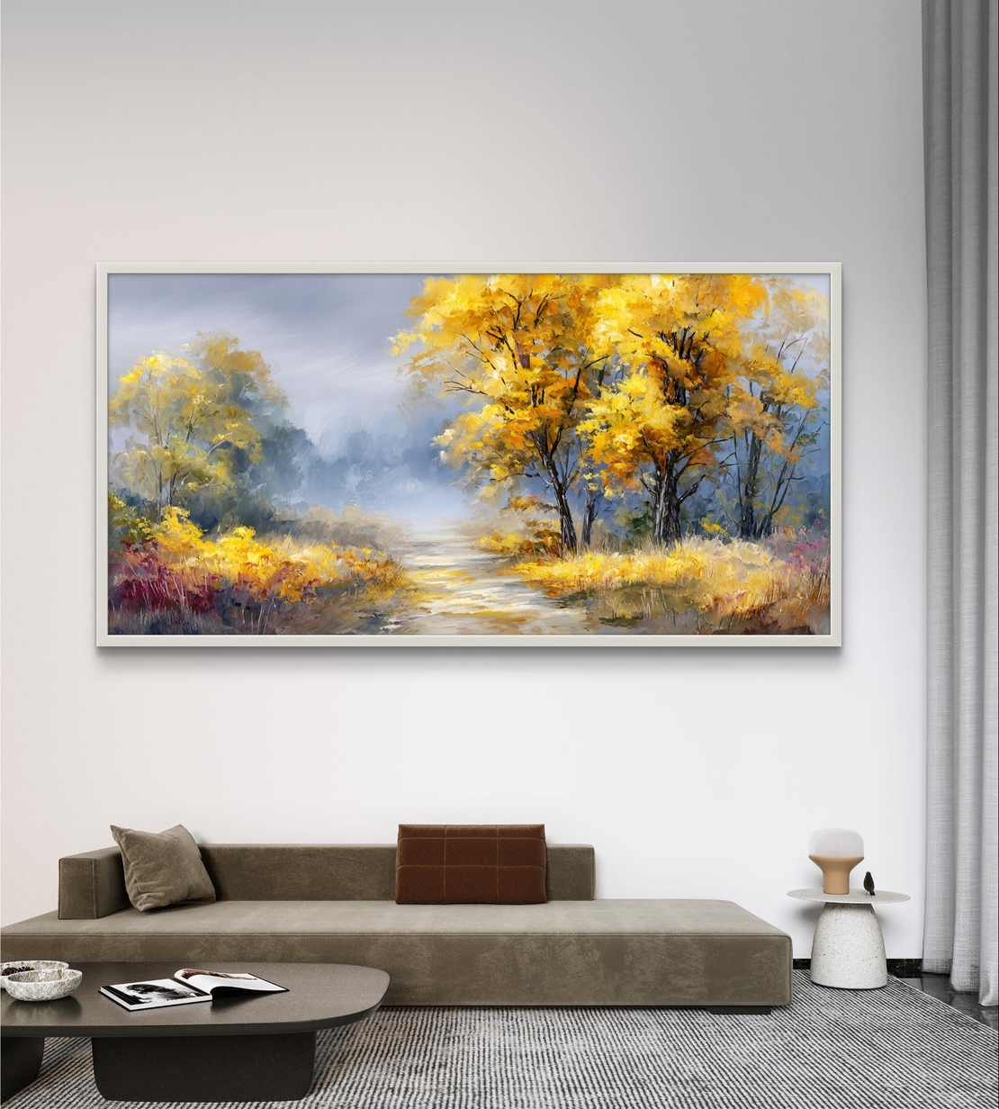 תמונת קנבס של שביל סתיו עם עצים זהובים ורקע טבעי רך