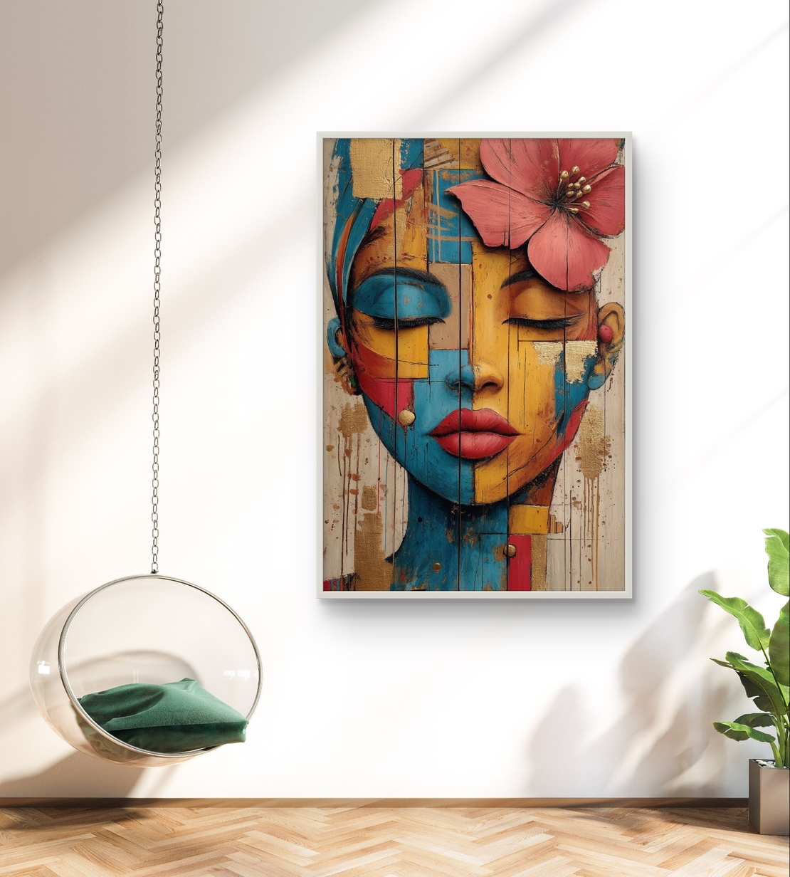 דיוקן נשי אומנותי עם עיניים עצומות ופרח בשיער בגווני טורקיז, זהב ואדמה מודפס על קנבס איכותי