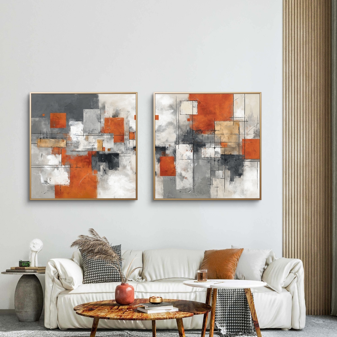 תמונות קיר מודרניות בגווני חלודה, אפור ולבן מבית תכשיט לבית