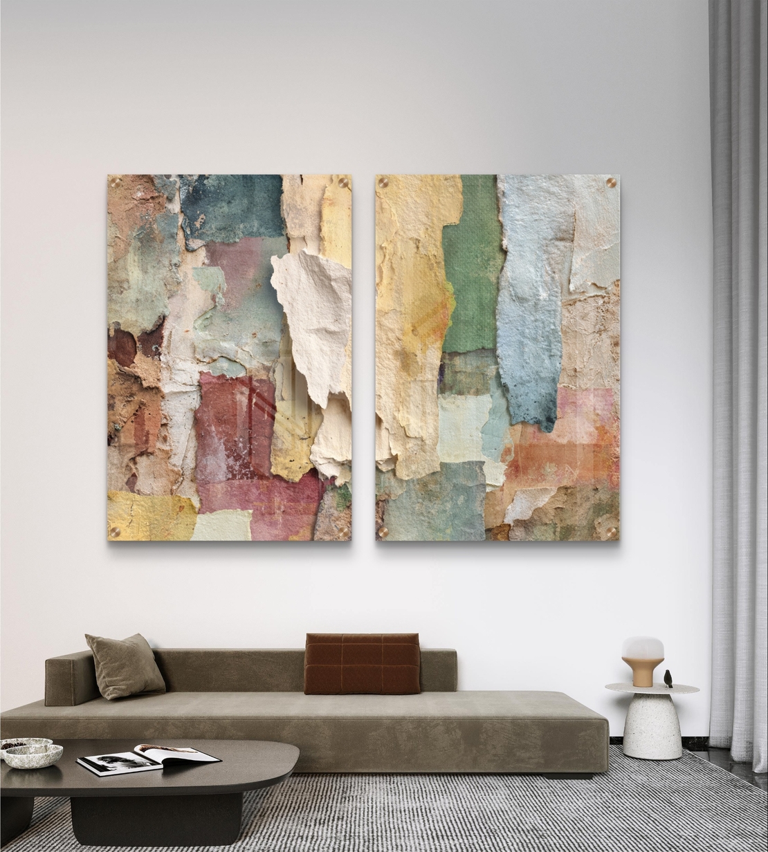 תמונת זכוכית זוגית אבסטרקטית עם שכבות צבע וטקסטורה טבעית בהדפסה חלקה