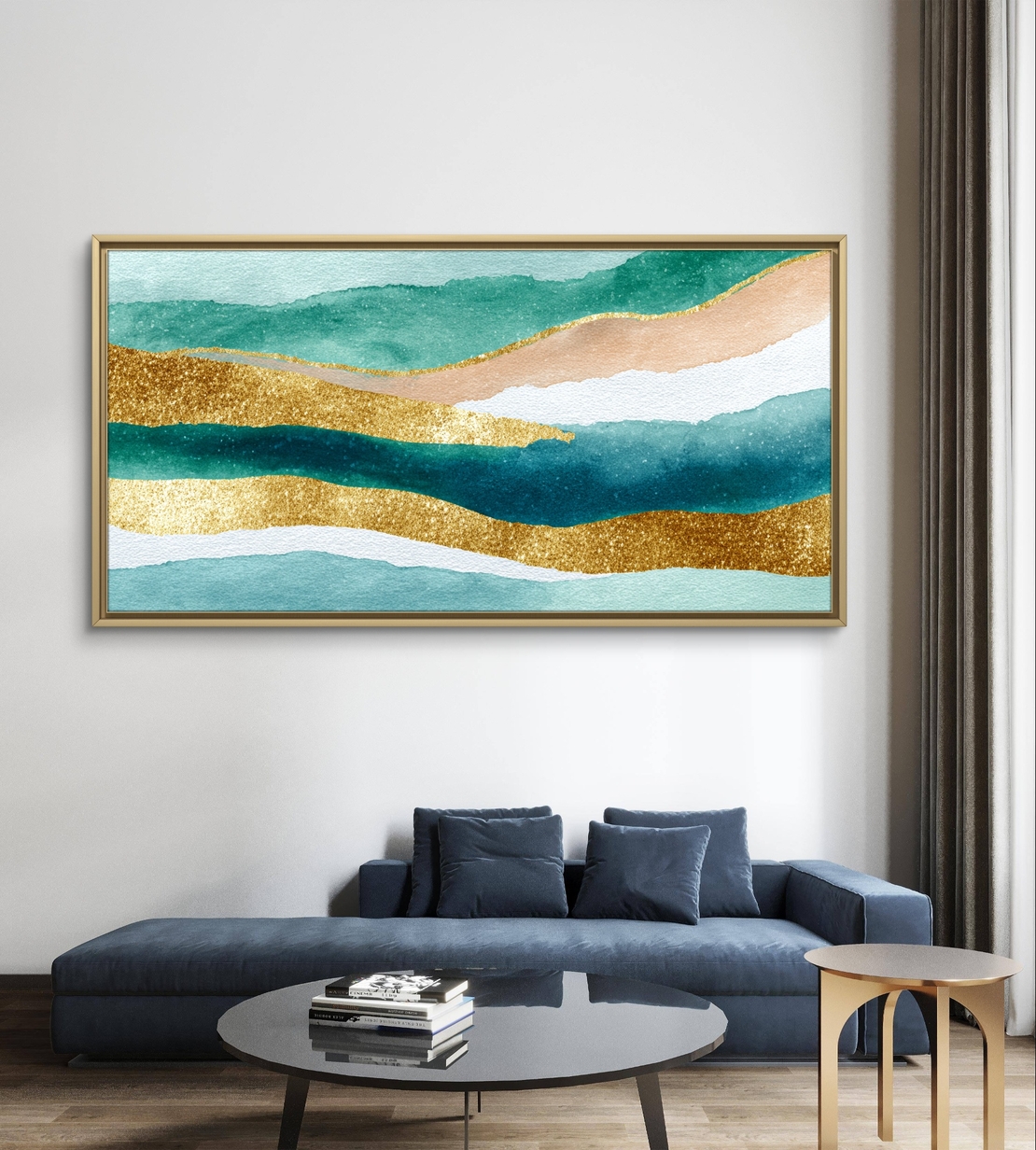 תמונת קנבס אבסטרקט טורקיז וזהב לרוחב – גלי אקוורל יוקרתיים | CJ6531