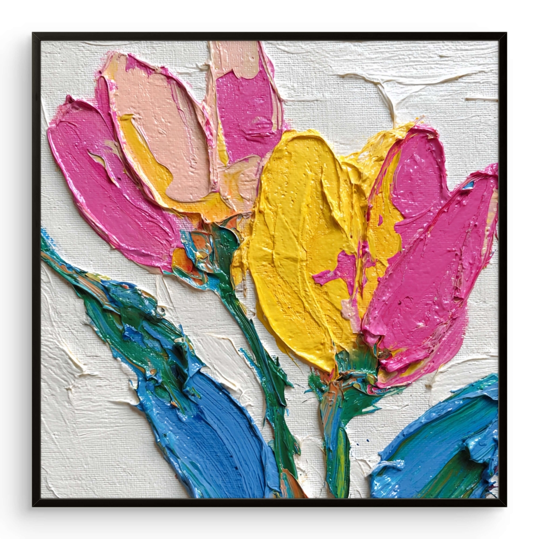 תמונת קיר פרחונית צבעונית בסגנון פופ-ארט עם טוליפים וטקסטורת צבע עשירה