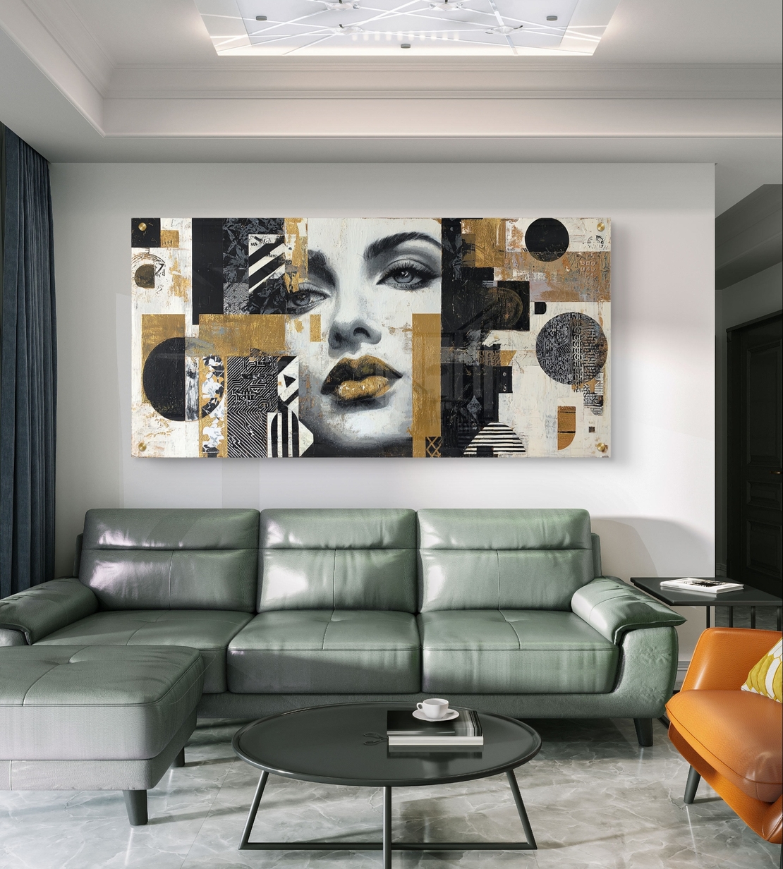 תמונת זכוכית לרוחב עם פורטרט נשי אבסטרקטי בגווני שחור, לבן וזהב לעיצוב סלון מודרני
