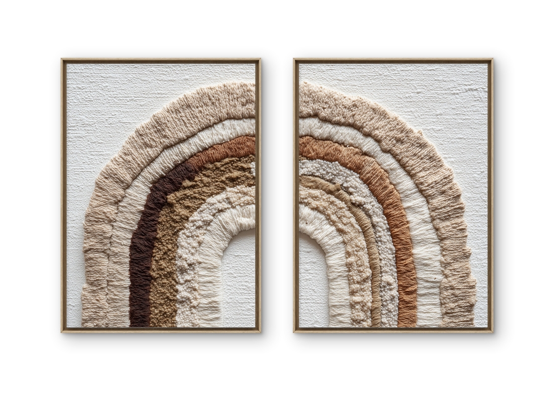 סט תמונות קנבס זוגי בסגנון בוהו עם קשתות בגווני שמנת וחום – תכשיט לבית