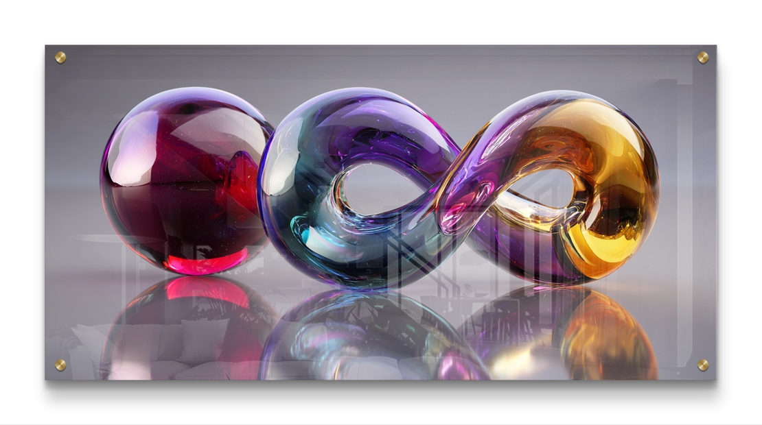 תמונת זכוכית לרוחב עם צורות אבסטרקטיות זורמות בגווני כחול, סגול וזהב בעיצוב מודרני יוקרתי