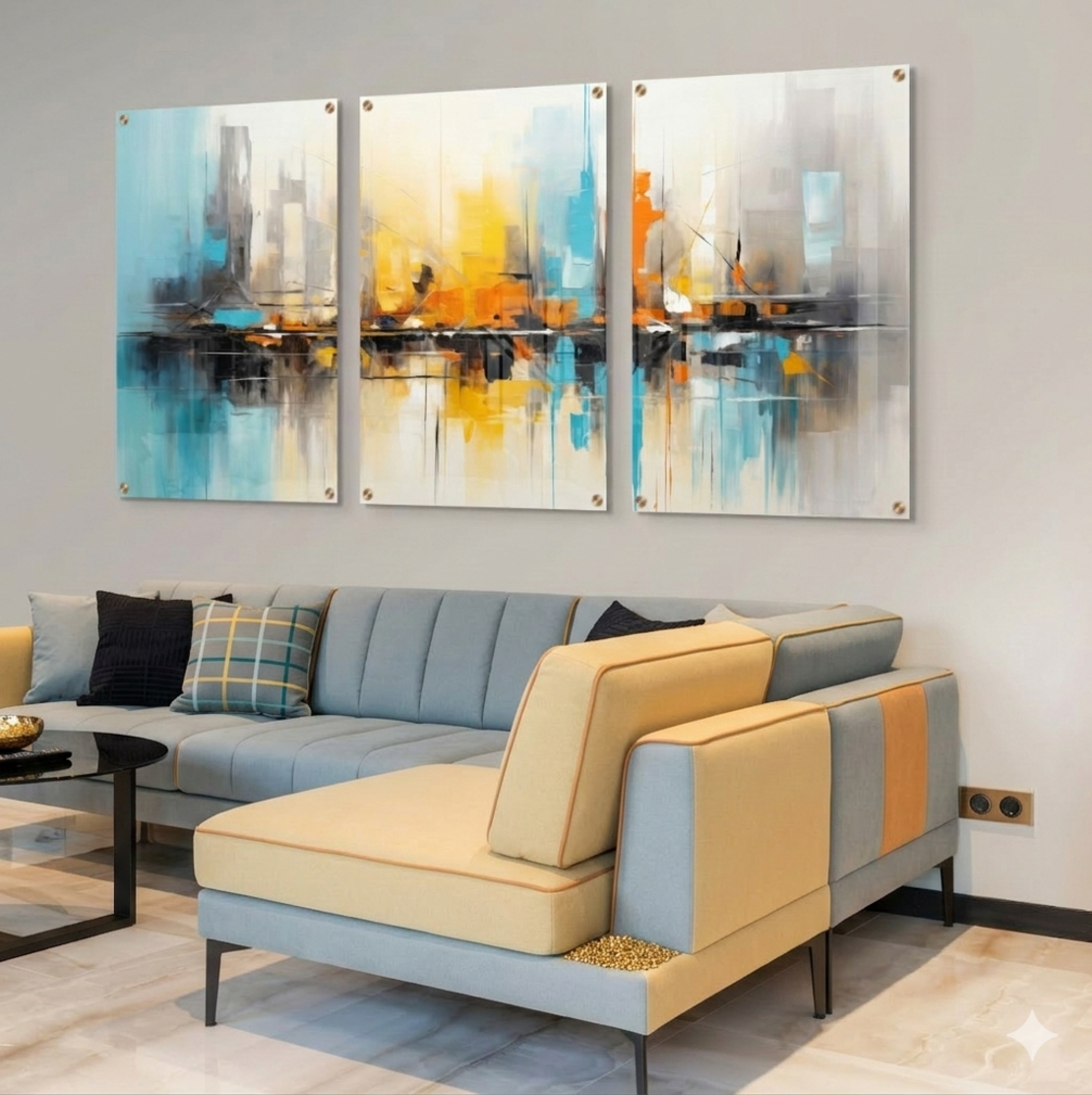 תמונת זכוכית שלושה חלקים לעיצוב סלון מודרני