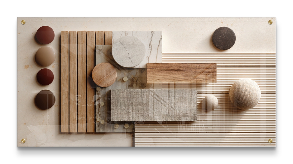 תמונת זכוכית לרוחב בעיצוב אבסטרקטי גאומטרי עם טקסטורות המדמות עץ ואבן בגווני בז׳ וחום, בהדפסה חלקה לעיצוב קיר מודרני ויוקרתי.