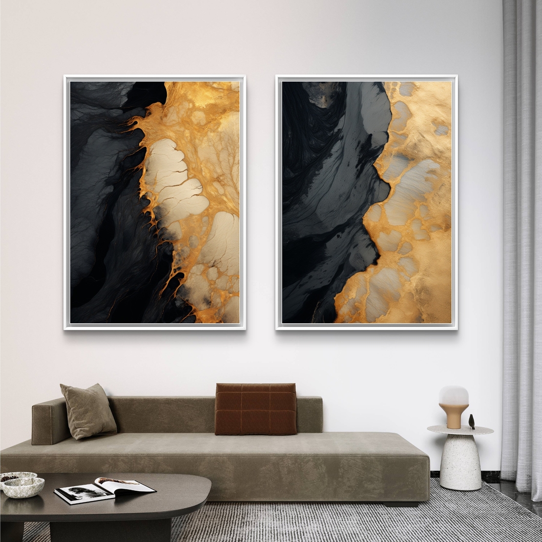 תמונת קנבס זוגית אבסטרקטית בגווני שחור וזהב בעיצוב יוקרתי לסלון