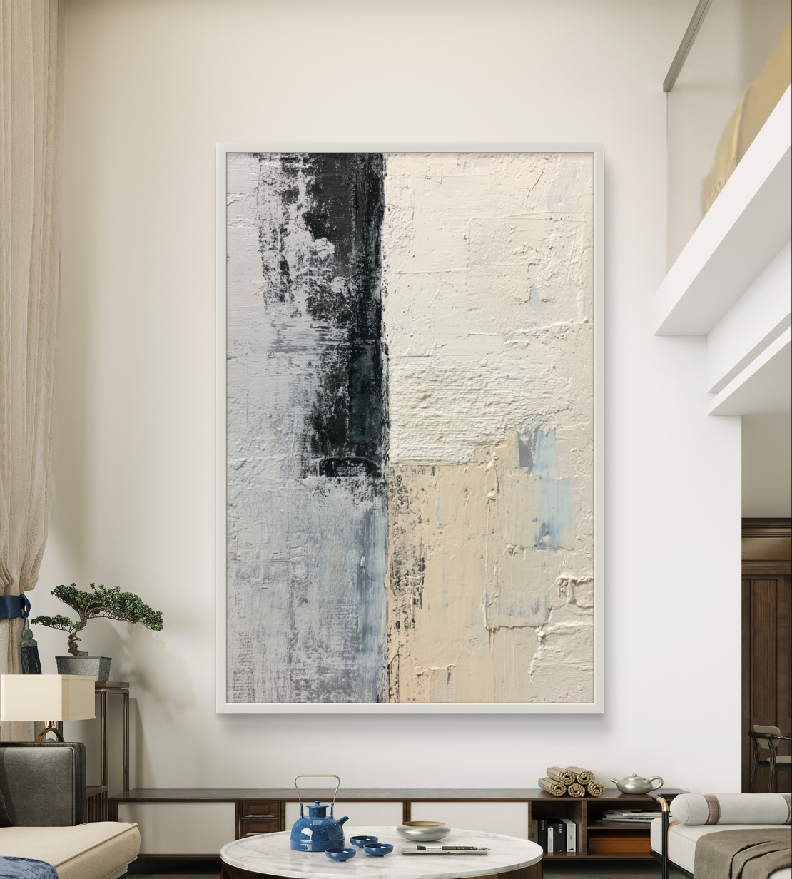 עמוד מונוכרום – תמונת קנבס אבסטרקט אנכית בשחור, לבן ושמנת | CR6541
