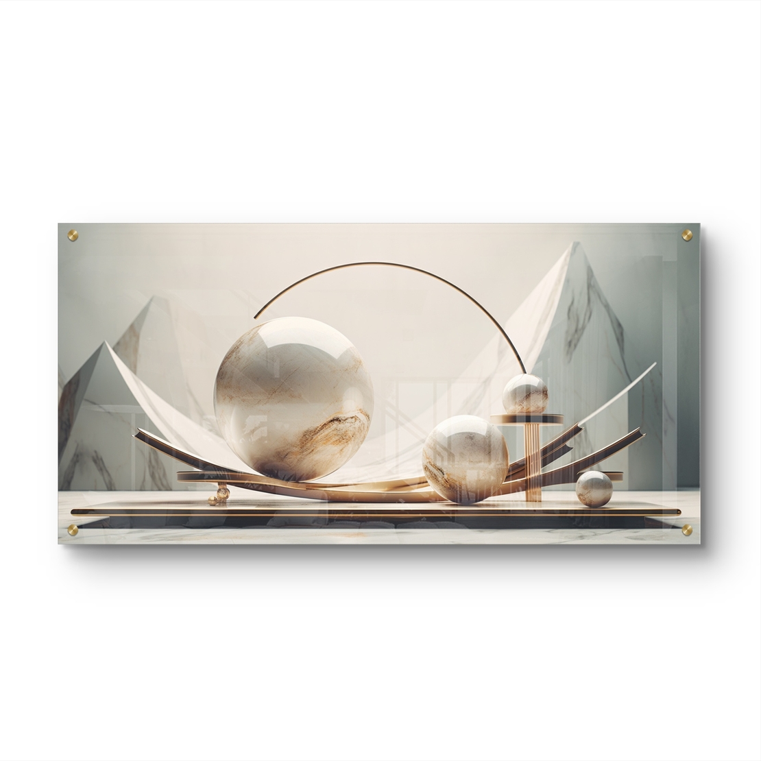 שיווי משקל שיש – תמונת זכוכית יוקרתית עם כדורי שיש ועיצוב גיאומטרי | GP1393