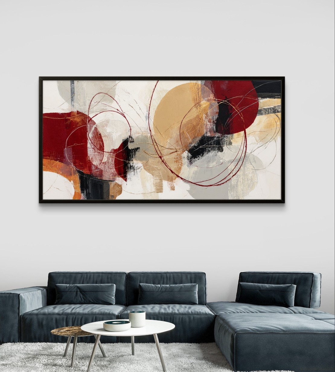 תמונת קנבס לרוחב בסגנון אבסטרקט עם מעגלים וקווים עדינים בגוונים חמים של אדום, בז’ וחרדל, לעיצוב סלון מודרני