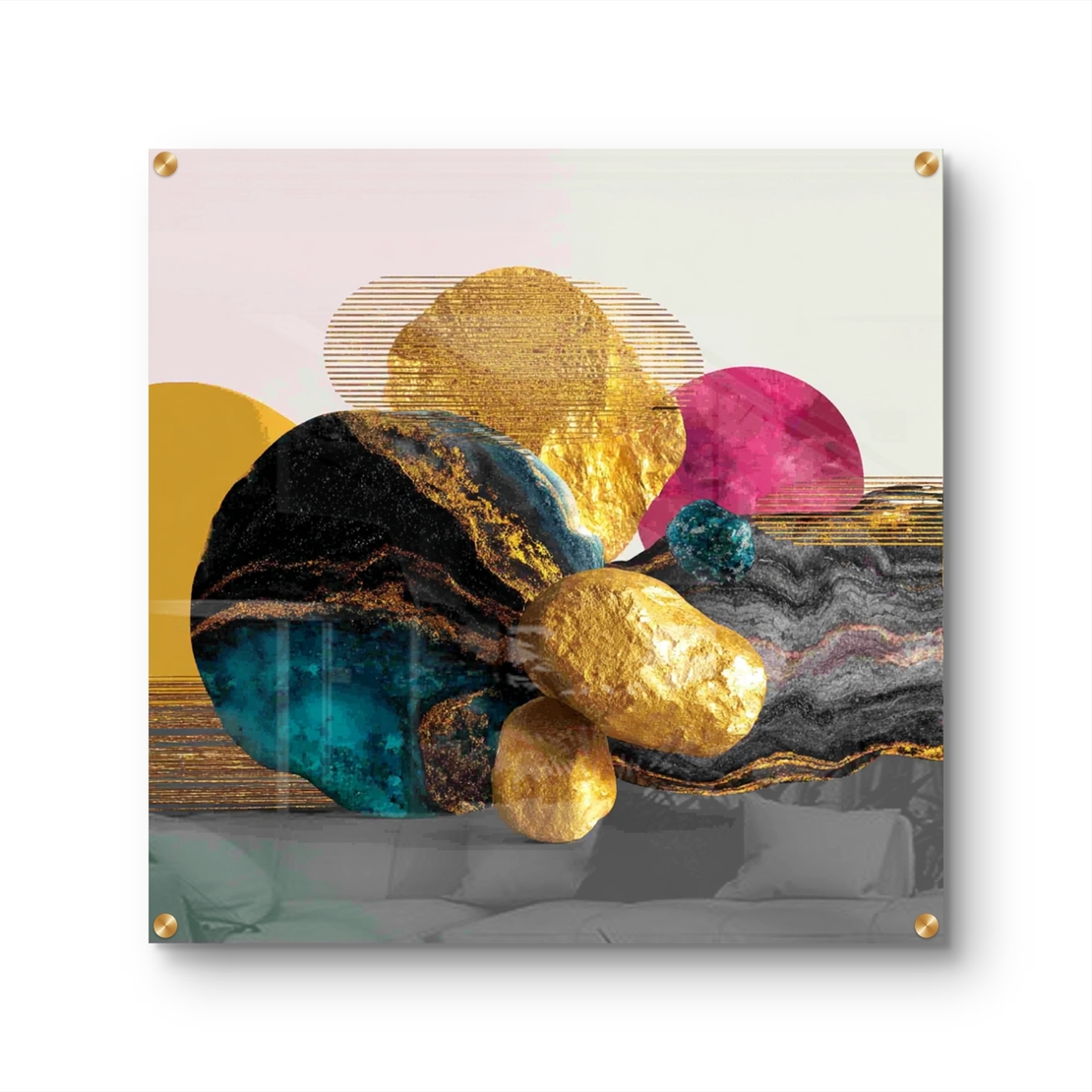 תמונת זכוכית מרובעת עם כדורים אבסטרקטיים בצבעי זהב, טורקיז, ורוד וצהוב בהדפסה חלקה וללא תבליט