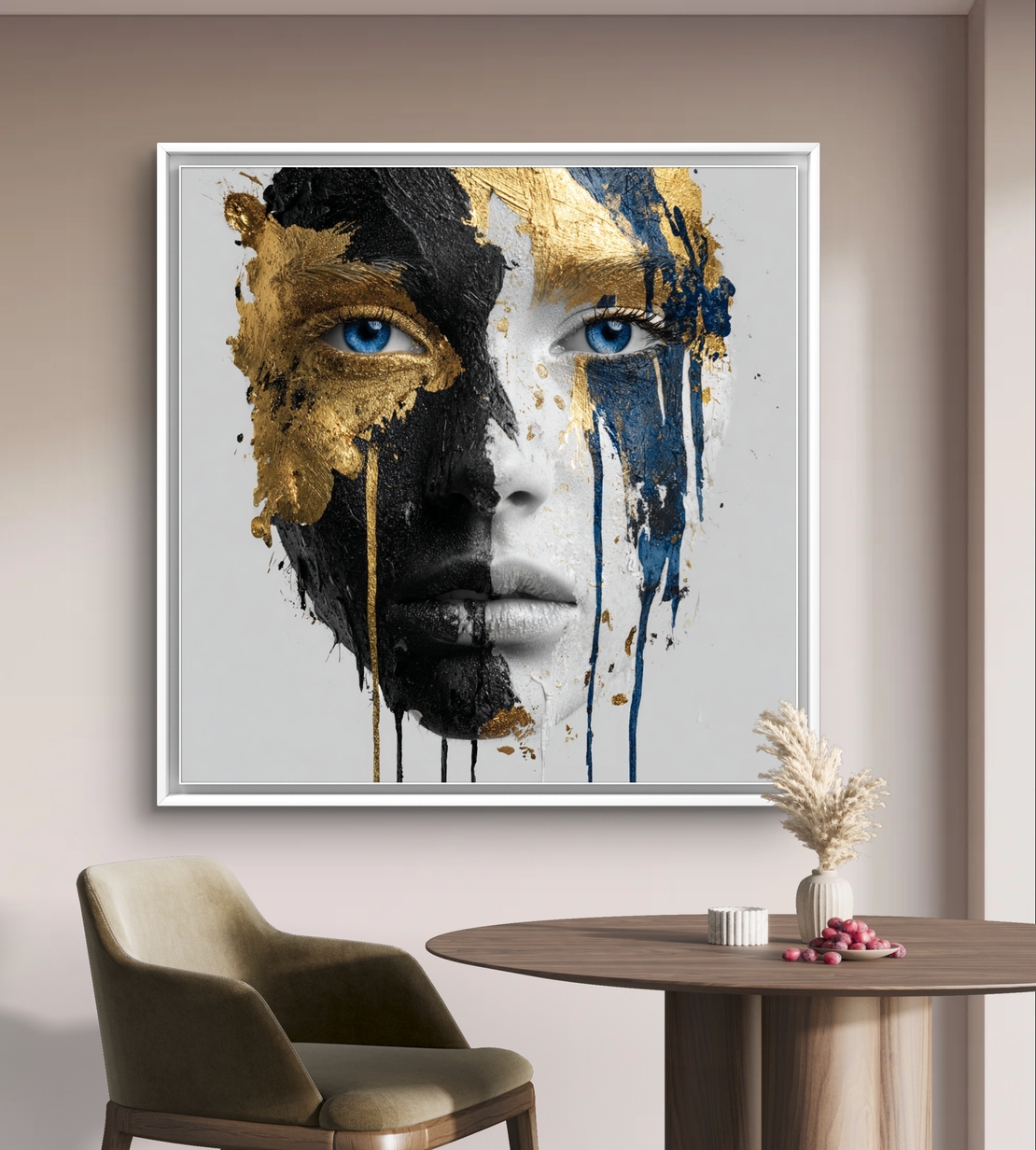 תמונת קנבס מרובעת עם דיוקן נשי אבסטרקטי בשחור ולבן, נגיעות זהב וכחול, הדפסה חלקה ללא תבליט