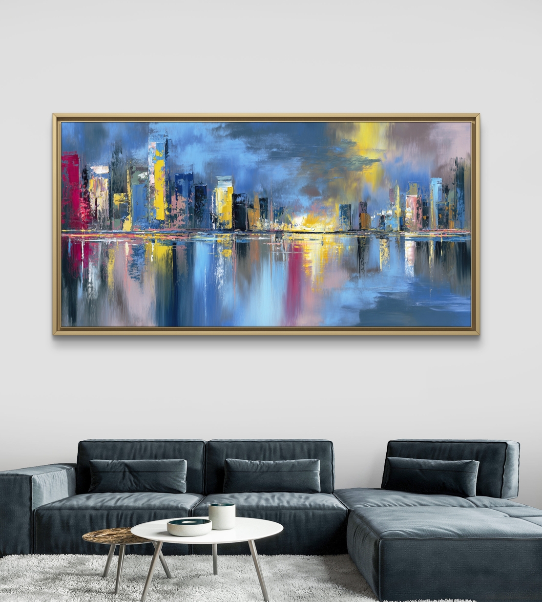 לילה בעיר – תמונת קנבס סקייליין צבעוני בכחול וצהוב עם השתקפות | CP3235
