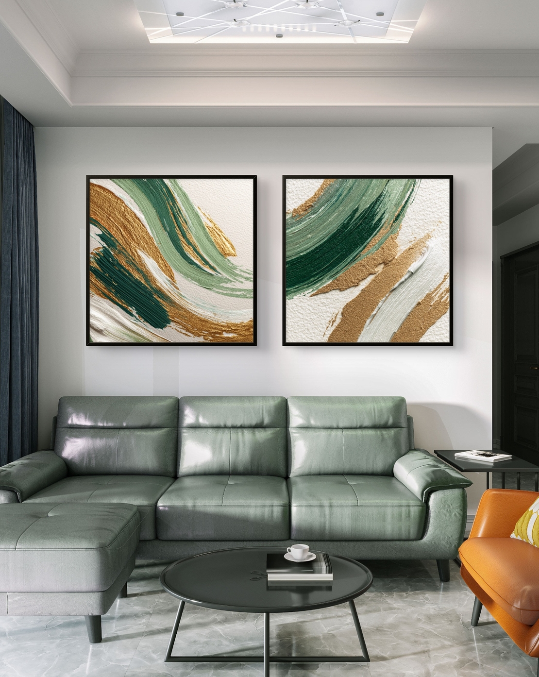 זוג תמונות קנבס מרובעות אבסטרקטיות בגווני ירוק עם נגיעות זהב