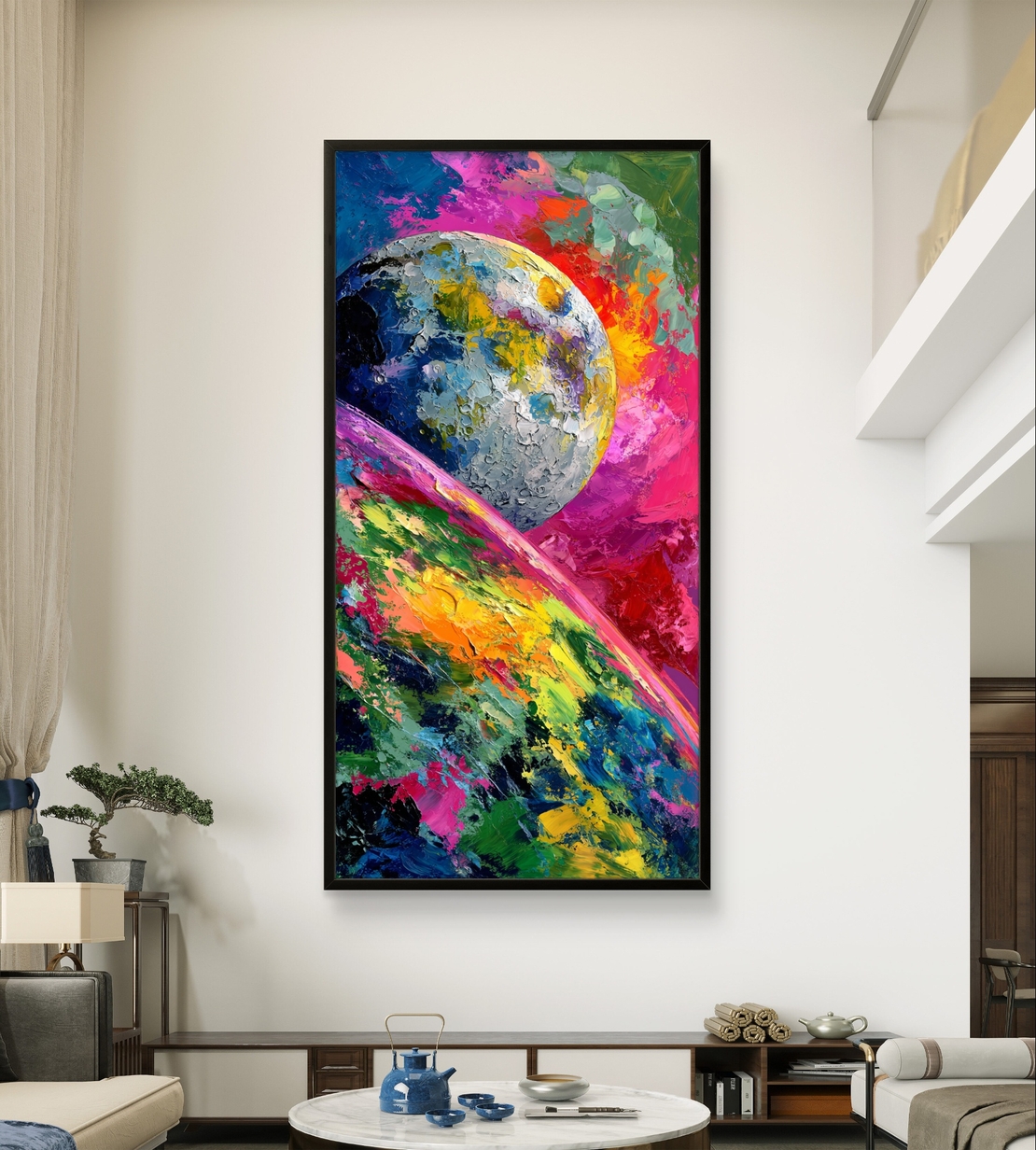 תמונת אמנות אנרגטית לקיר גבוה בסגנון קוסמי מודרני.