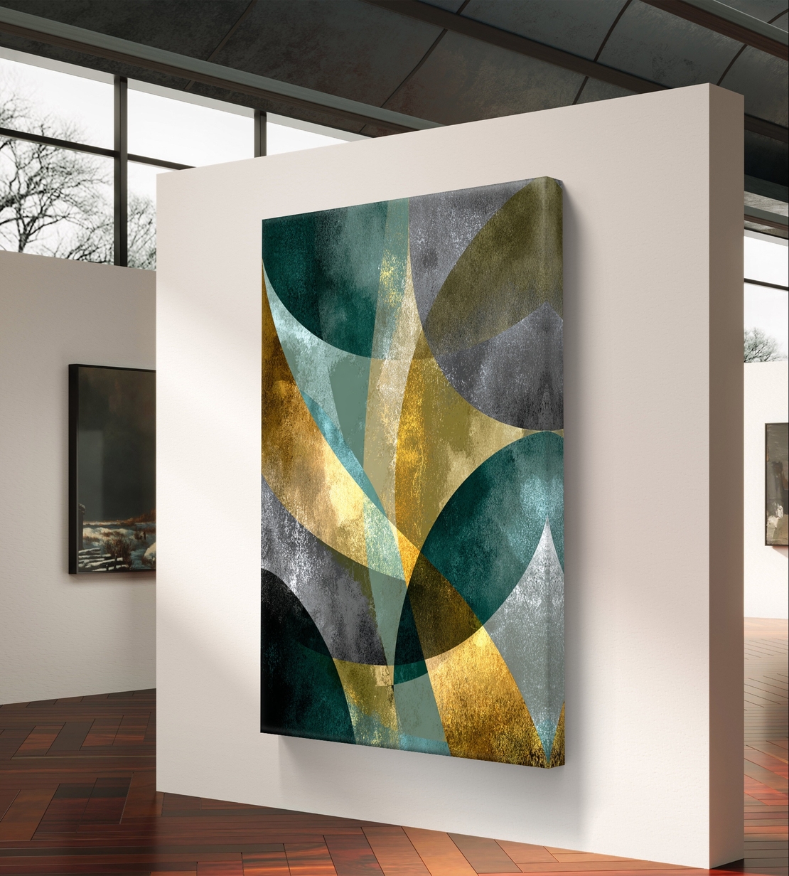 קימורים בטורקיז וזהב – תמונת קנבס אבסטרקט גיאומטרית בגווני ירוק, זהב ואפור | DC4471