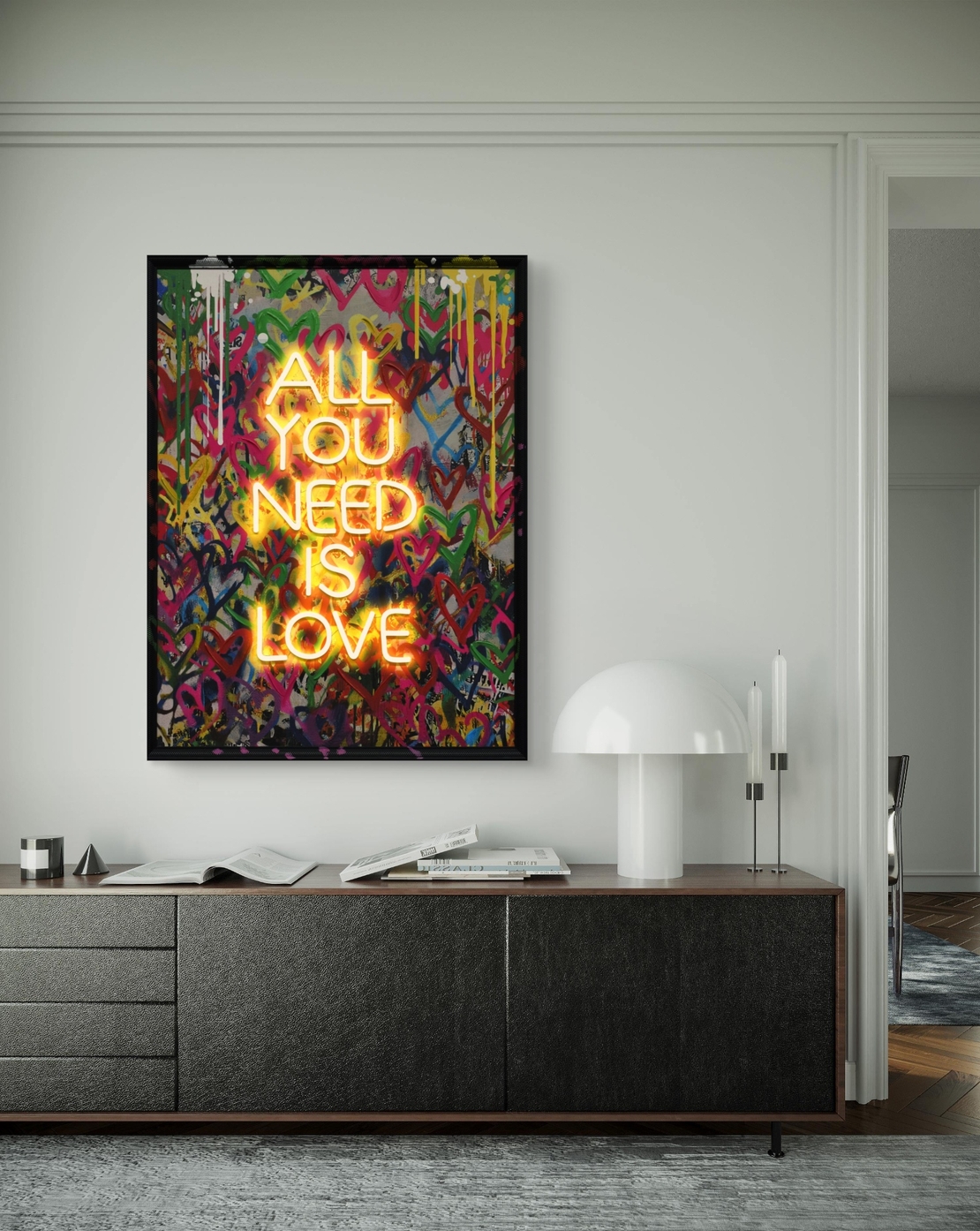 תמונת גרפיטי ALL YOU NEED IS LOVE מוארת עם שלט רחוק וסוללות – אמנות LED דגם LED1010--מידה 63*83 ס