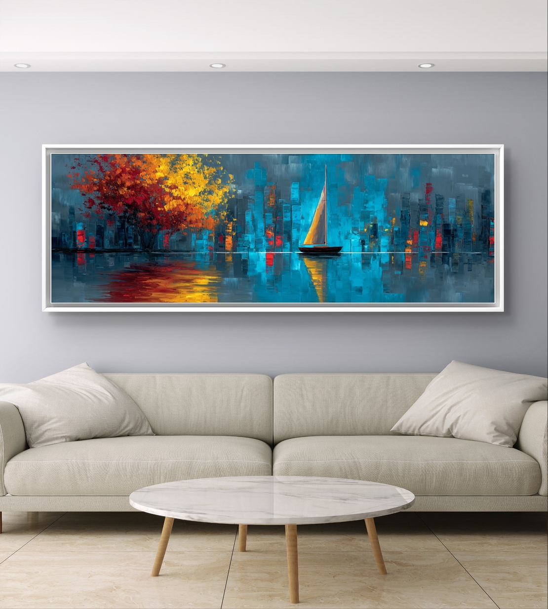 קנבס רחב עם נוף אורבני וסירה אלגנטית על רקע עיר מוארת.