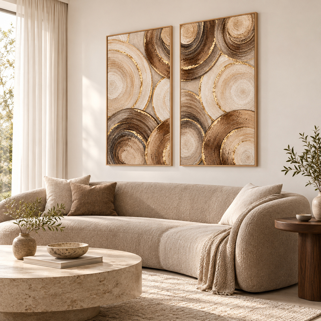 זוג תמונות קנבס אבסטרקט מעגלי בזהב, חום ושמנת | דגם BR6772