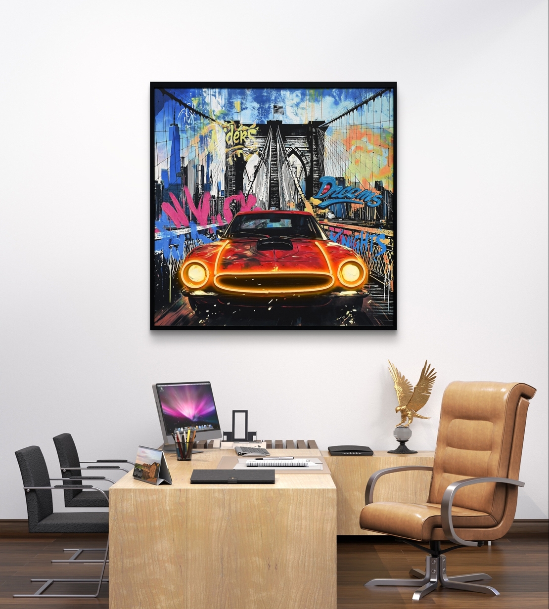 תמונת LED רכב קלאסי בניו יורק – מופעלת על סוללות עם שלט רחוק - מידה 83*83 ס