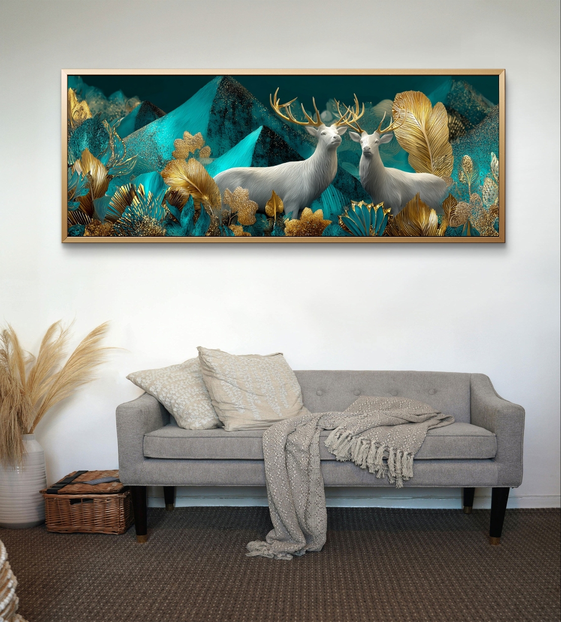 קנבס רחב לסלון עם זוג איילים לבנים ונוף אבסטרקטי עשיר בצבעים עמוקים.