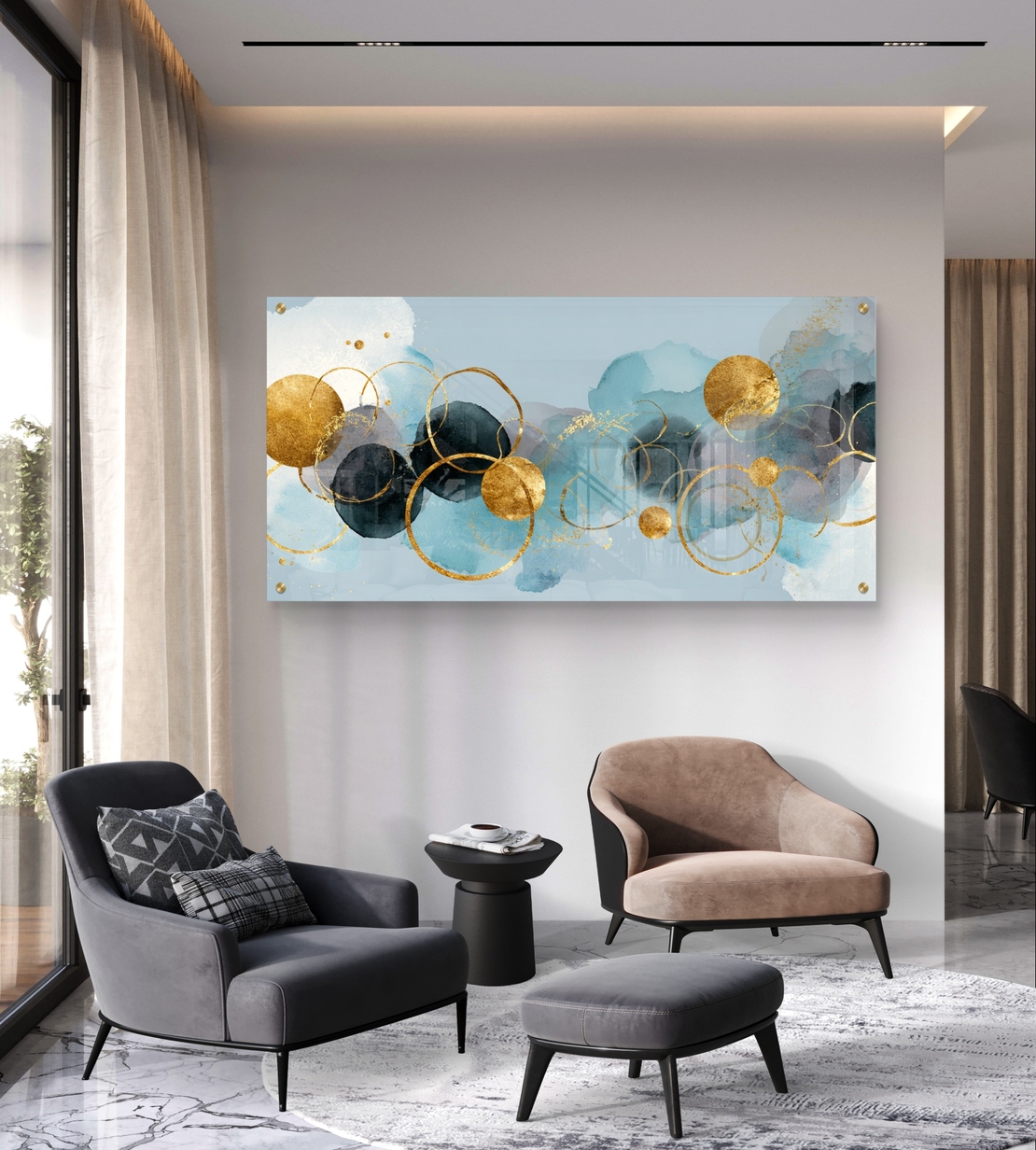 תמונת זכוכית לרוחב עם כתמי כחול ומעגלי זהב במראה אבסטרקטי מודרני, הדפסה חלקה ללא תבליט