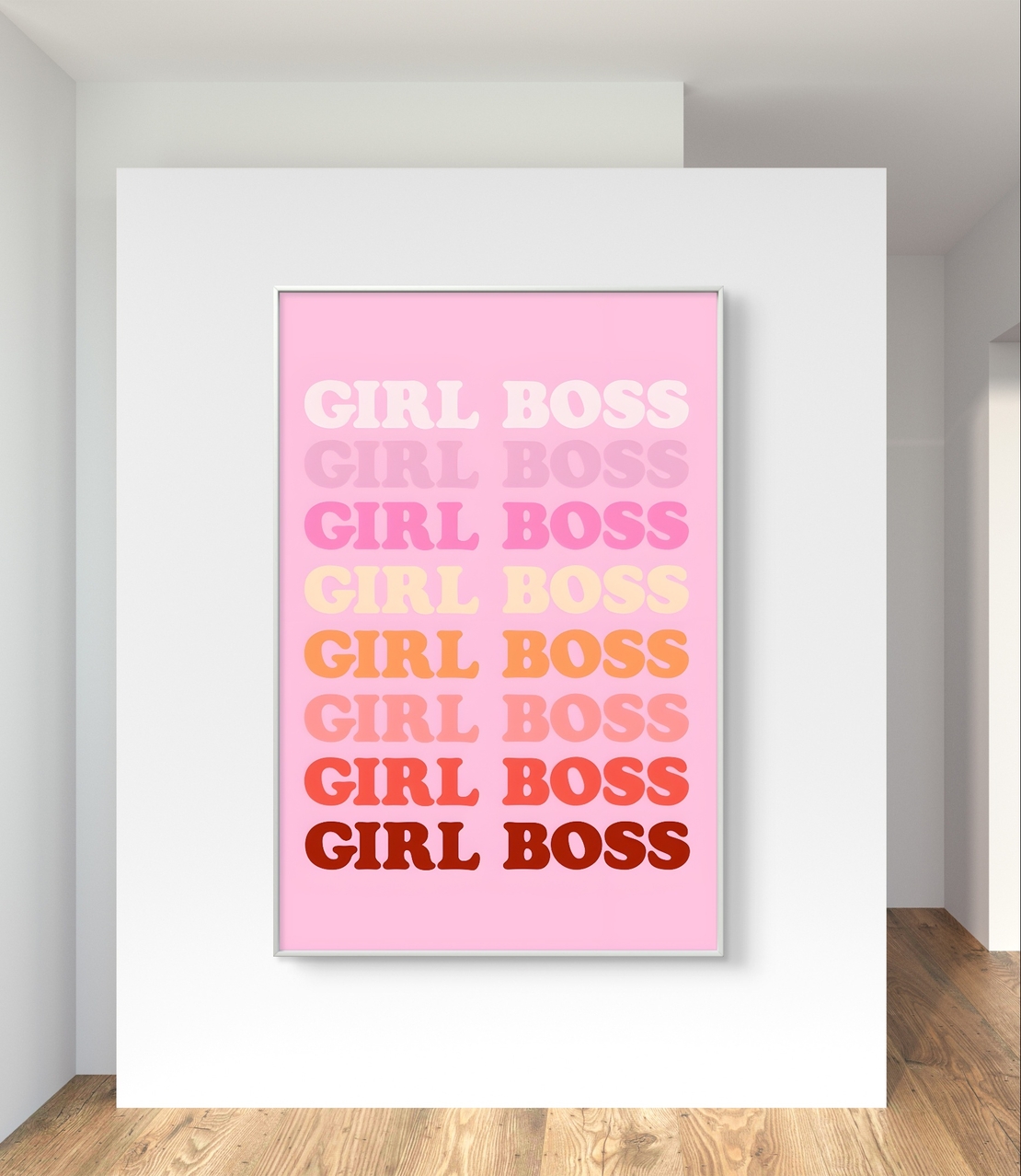 תמונה של הביטוי GIRL BOSS בצבעי ורוד, כתום ואדום בעיצוב טיפוגרפי רטרו, מתוך קולקציית NEXTGEN.