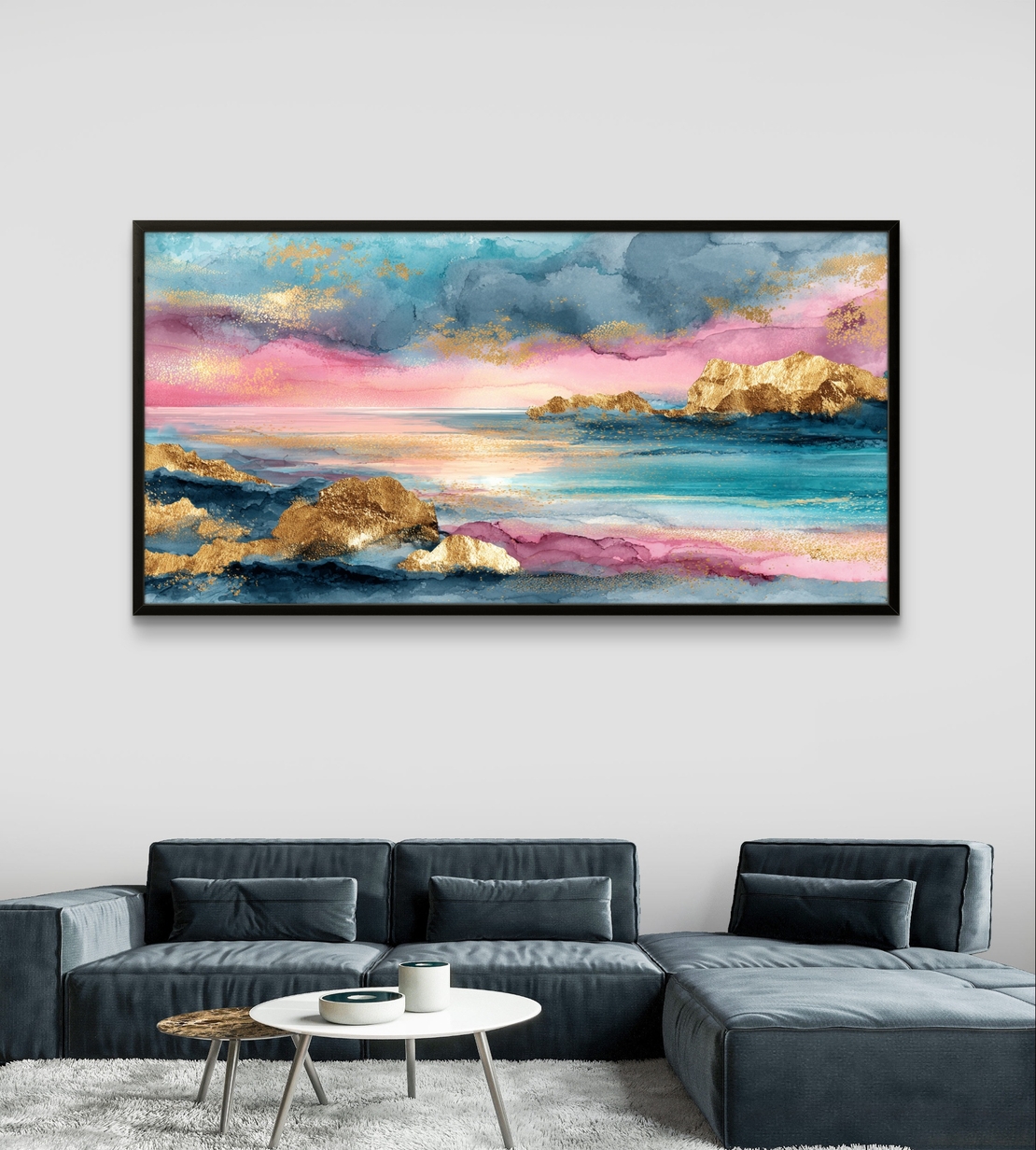 תמונת קנבס אקוורל נוף ים ורוד וטורקיז עם זהב – קנבס מודרני לרוחב--דגם CC4564