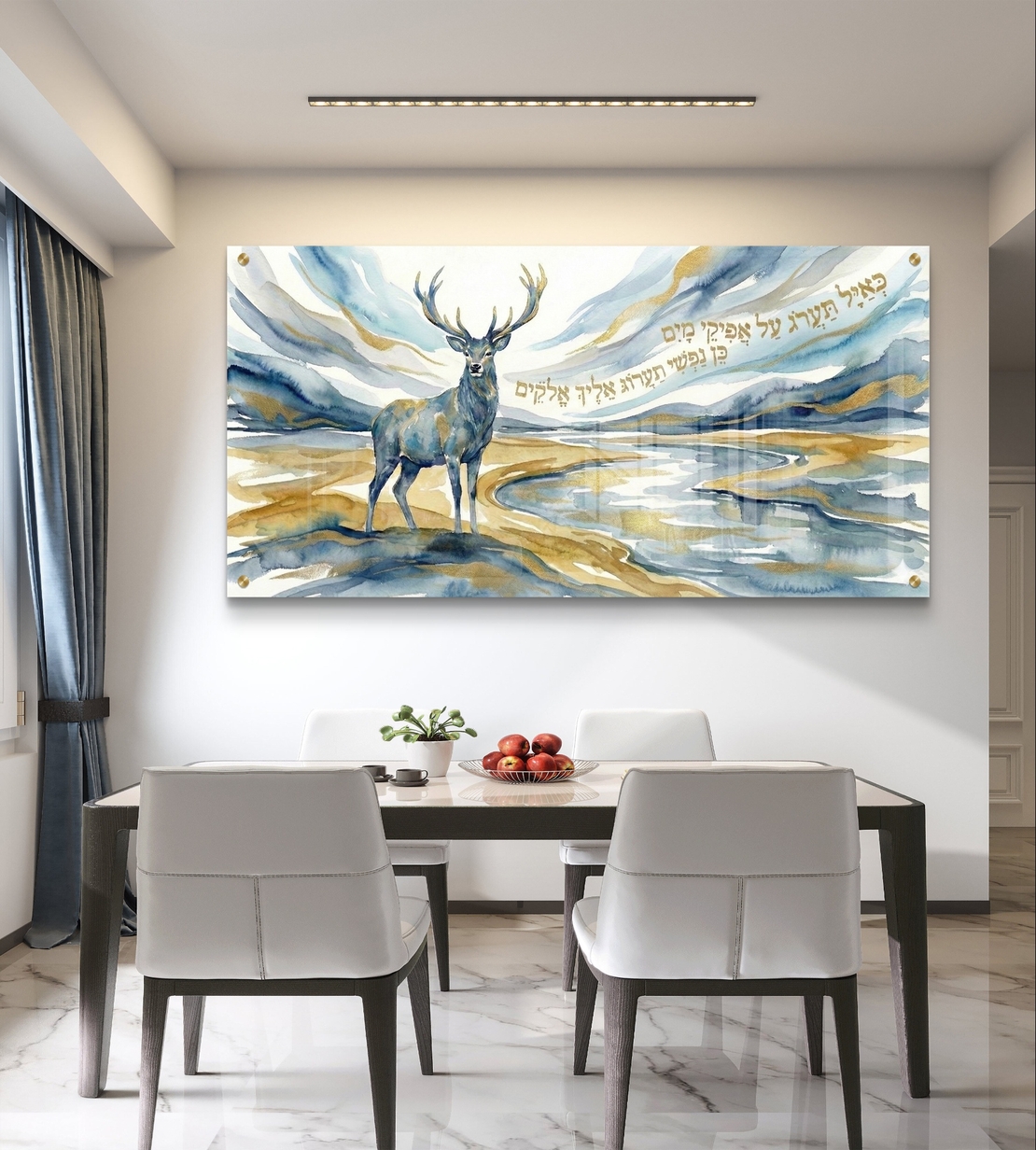 תמונת זכוכית קדושה עם אייל ופסוק השראה בגווני תכלת, לבן וזהב בהדפסה חלקה