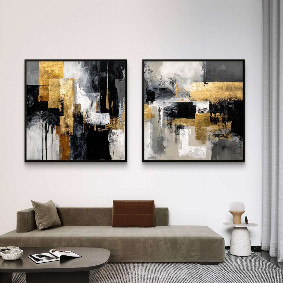 זוג תמונות אבסטרקט יוקרתיות לקיר בגווני שחור לבן וזהב
