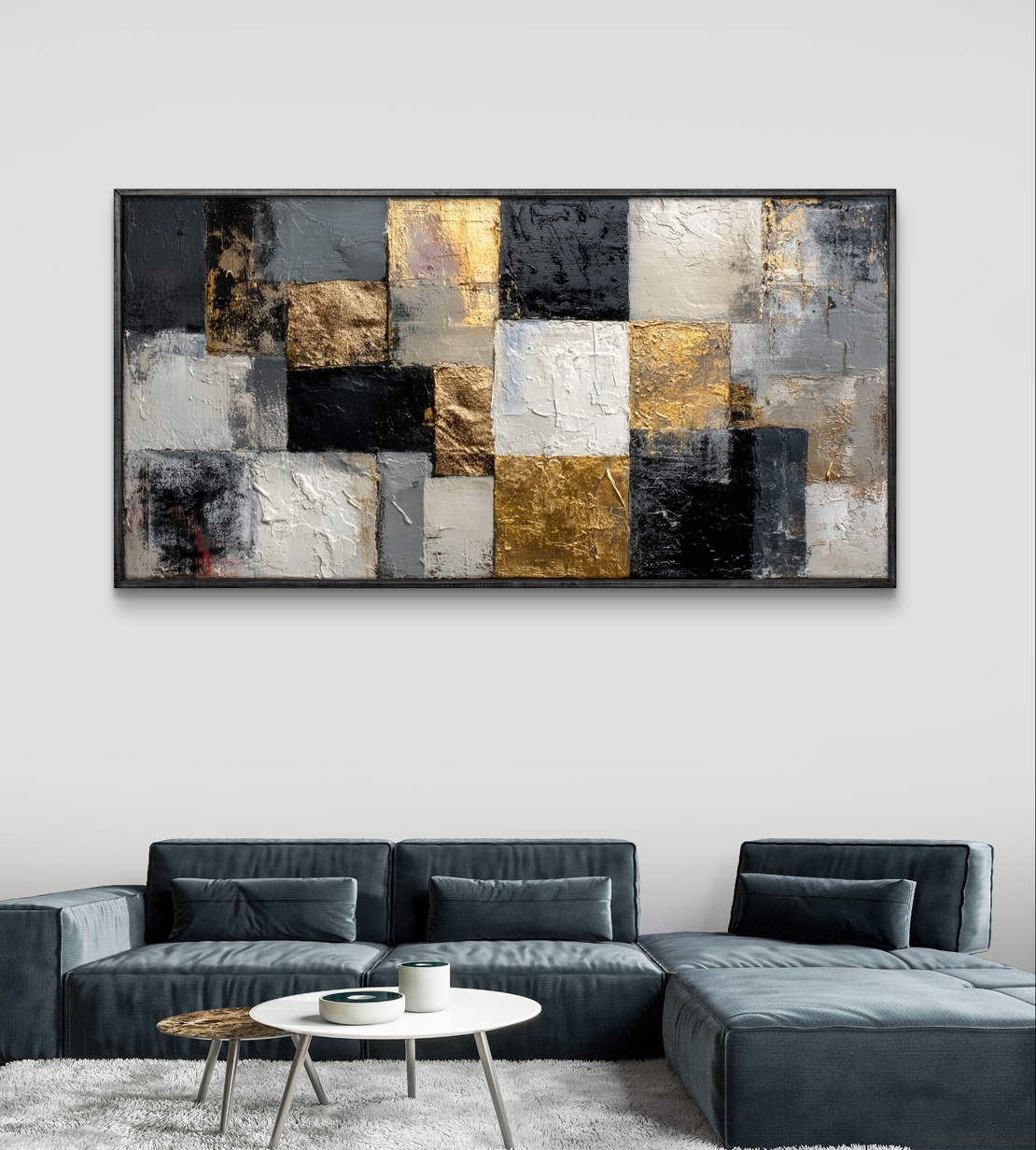 תמונת קנבס לרוחב בסגנון פסיפס מודרני בגווני שחור אפור ולבן עם פרטי זהב – תכשיט לבית