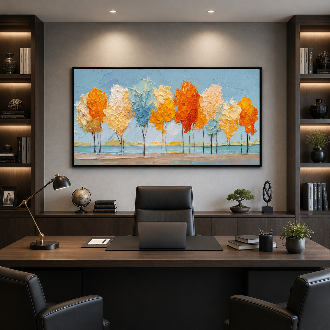 יער סתיו פסטלי – תמונת קנבס לרוחב עצים צבעוניים על רקע תכלת – דגם WB4224