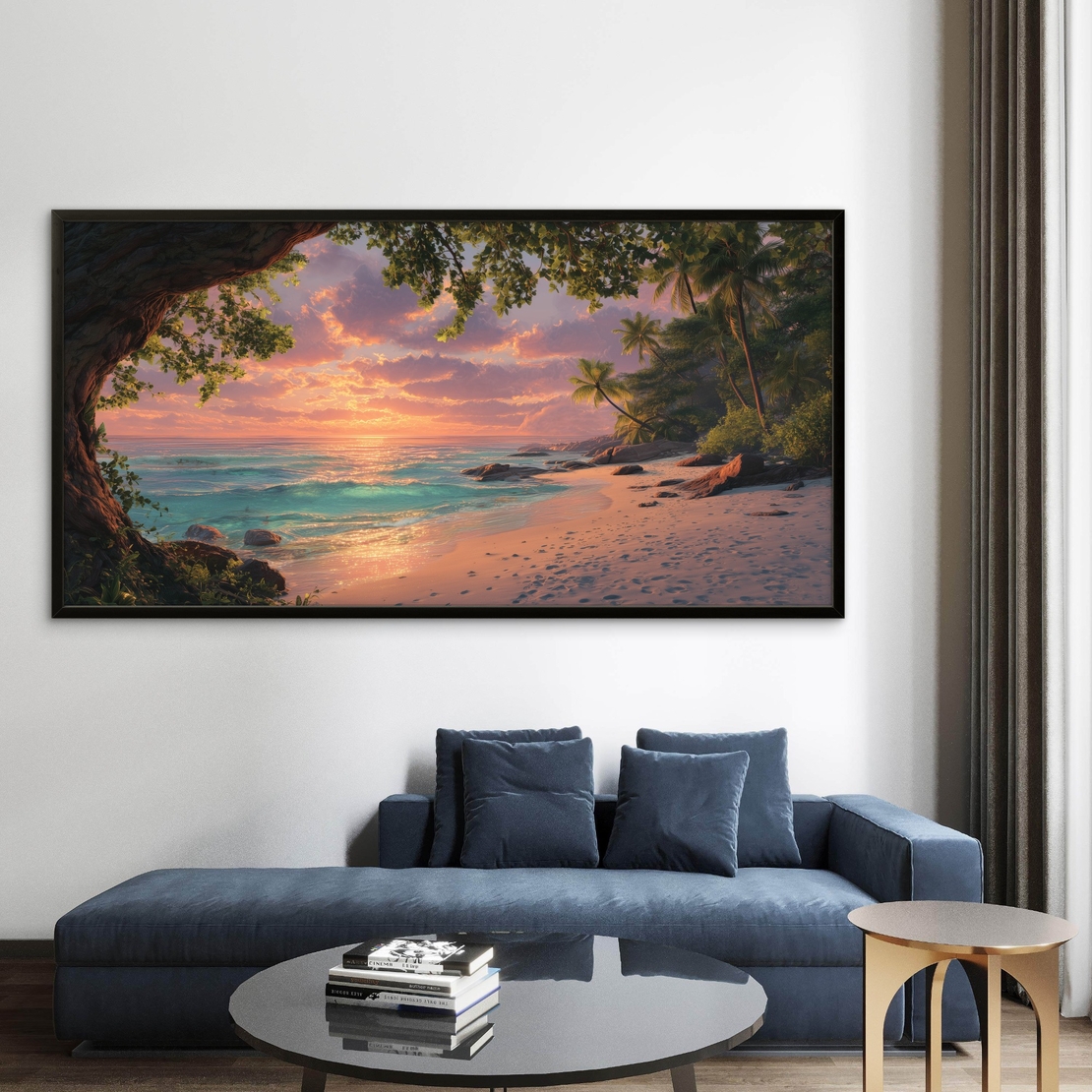 תמונת קנבס לרוחב של חוף טרופי בשקיעה עם עצי קוקוס, גלים וצבעי זהב וטורקיז – NEXTGEN BY BAR