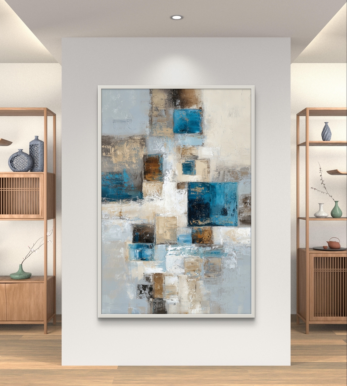 בלוקים בתכלת – תמונת קנבס אבסטרקט גיאומטרי בגווני תכלת ובז׳ | CT2223