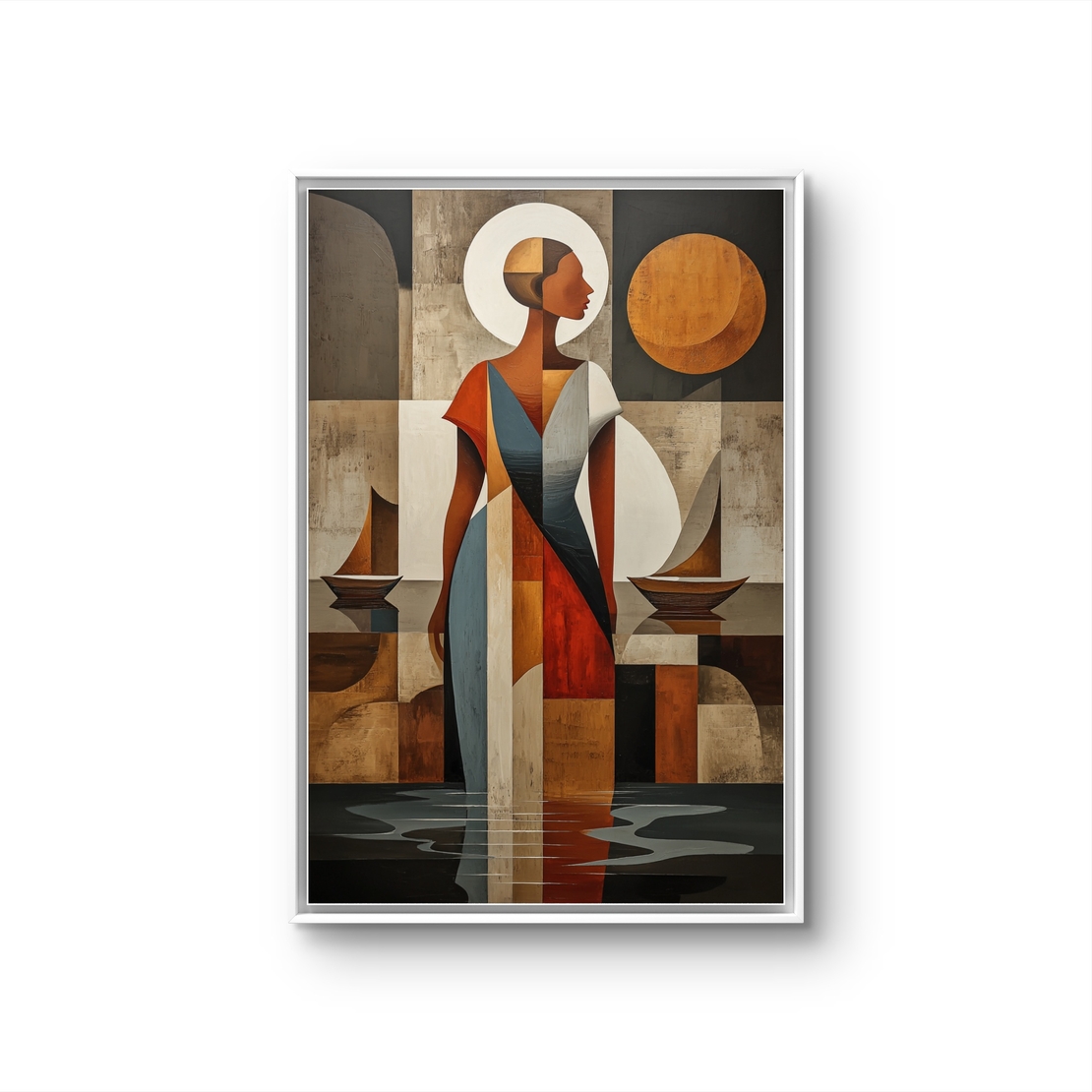 תמונת קנבס עם דמות נשית מופשטת בסגנון גאומטרי בגווני אדמה וכחול בעיצוב אלגנטי ומודרני