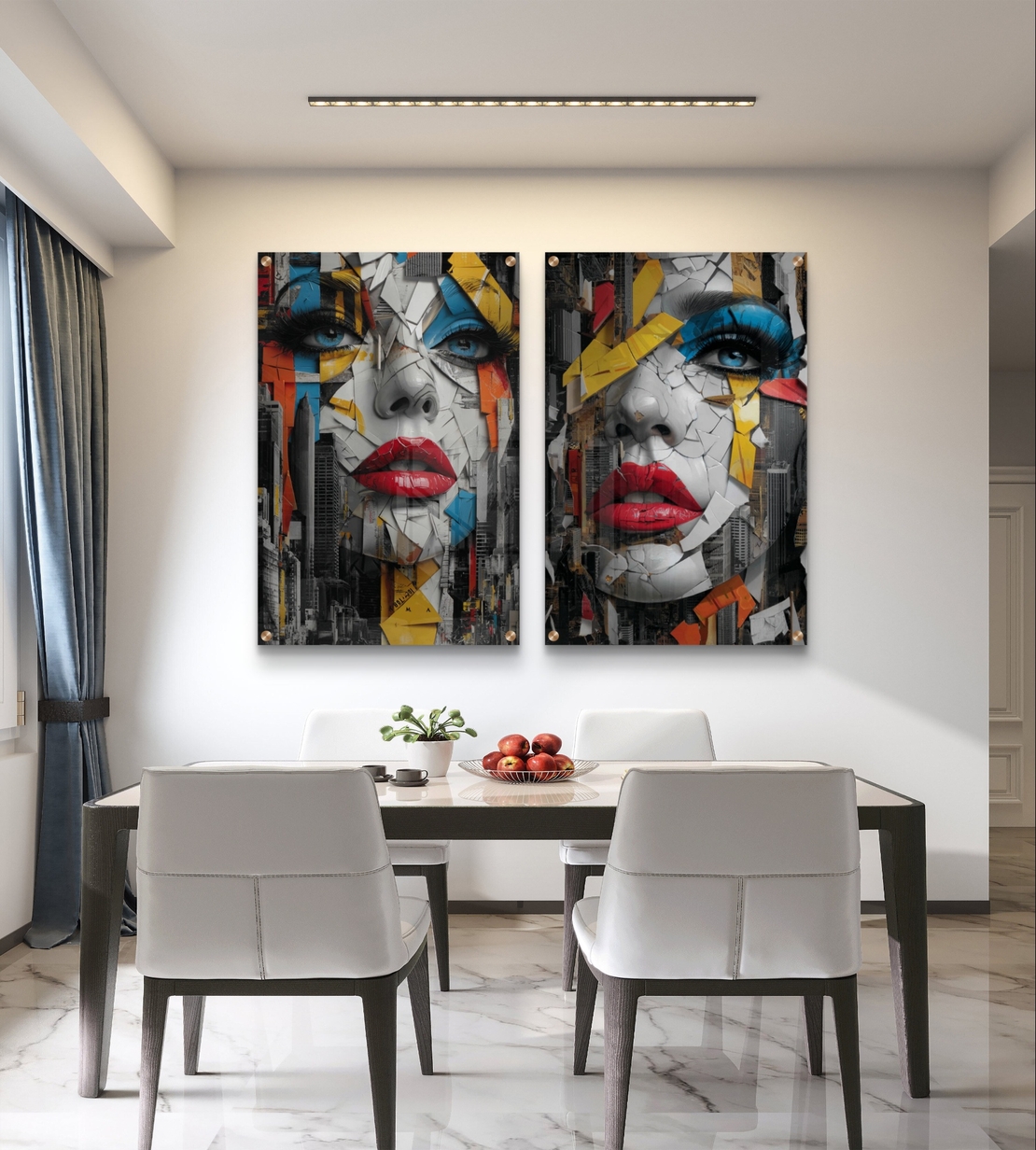 זוג תמונות זכוכית עם דיוקן נשי אבסטרקטי בצבעים דרמטיים ועיצוב מודרני יוקרתי