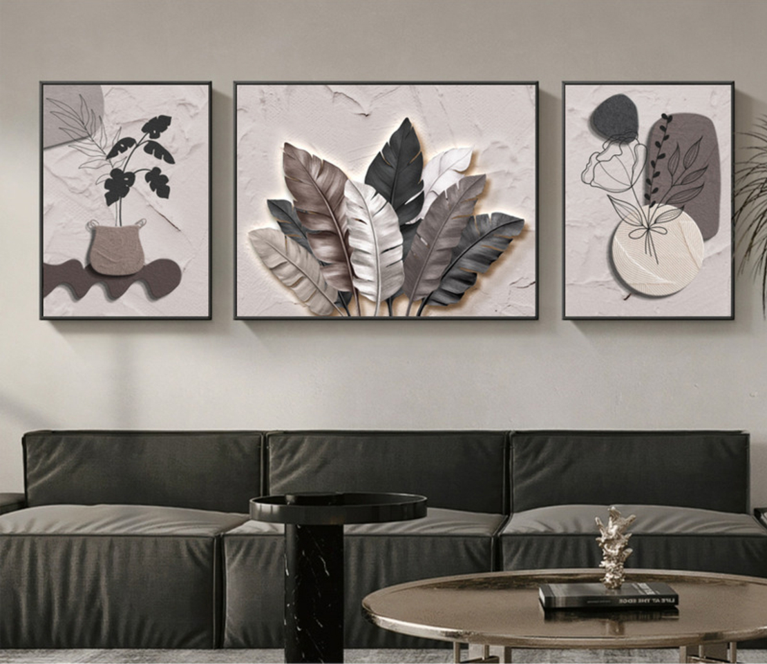 שלישיית קנבס בוטנית מינימליסטית בגווני אבן, אפור וטאופ – דגם RR3312