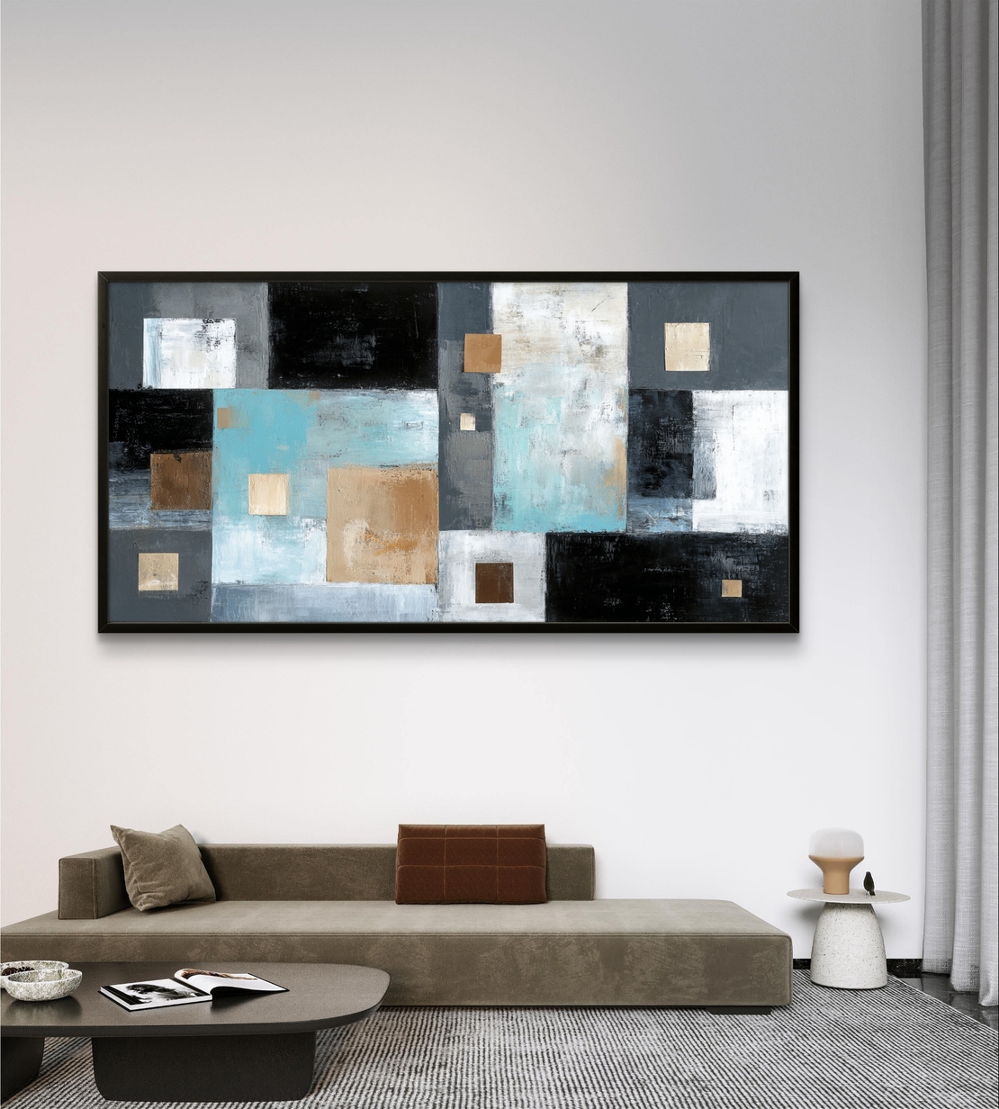 CK7121 — תמונת קנבס אבסטרקטית עם בלוקים גיאומטריים בגווני תכלת, שחור ובז׳