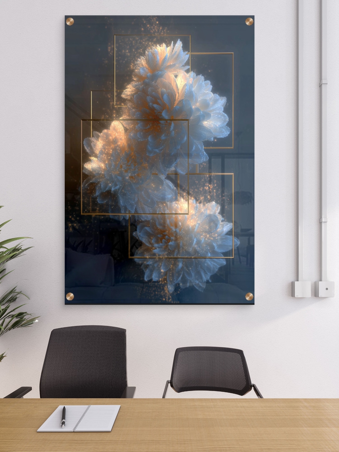 תמונת זכוכית של פרחים לבנים בתאורה זהובה עם מסגרות זהב מרחפות – NEXTGEN BY BAR