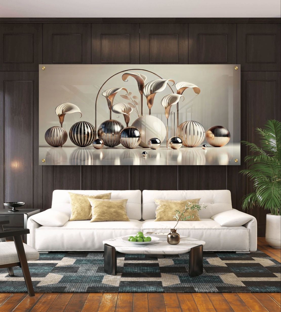 תמונת זכוכית יוקרתית עם פרחי קאלה וכדורים מטאליים בגווני זהב ורוז גולד