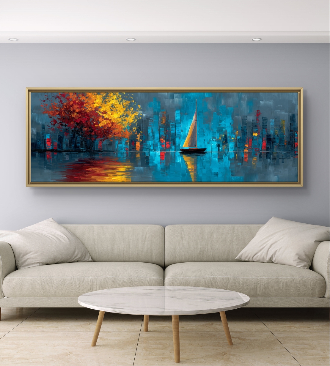 קנבס רחב עם נוף אורבני וסירה אלגנטית על רקע עיר מוארת.