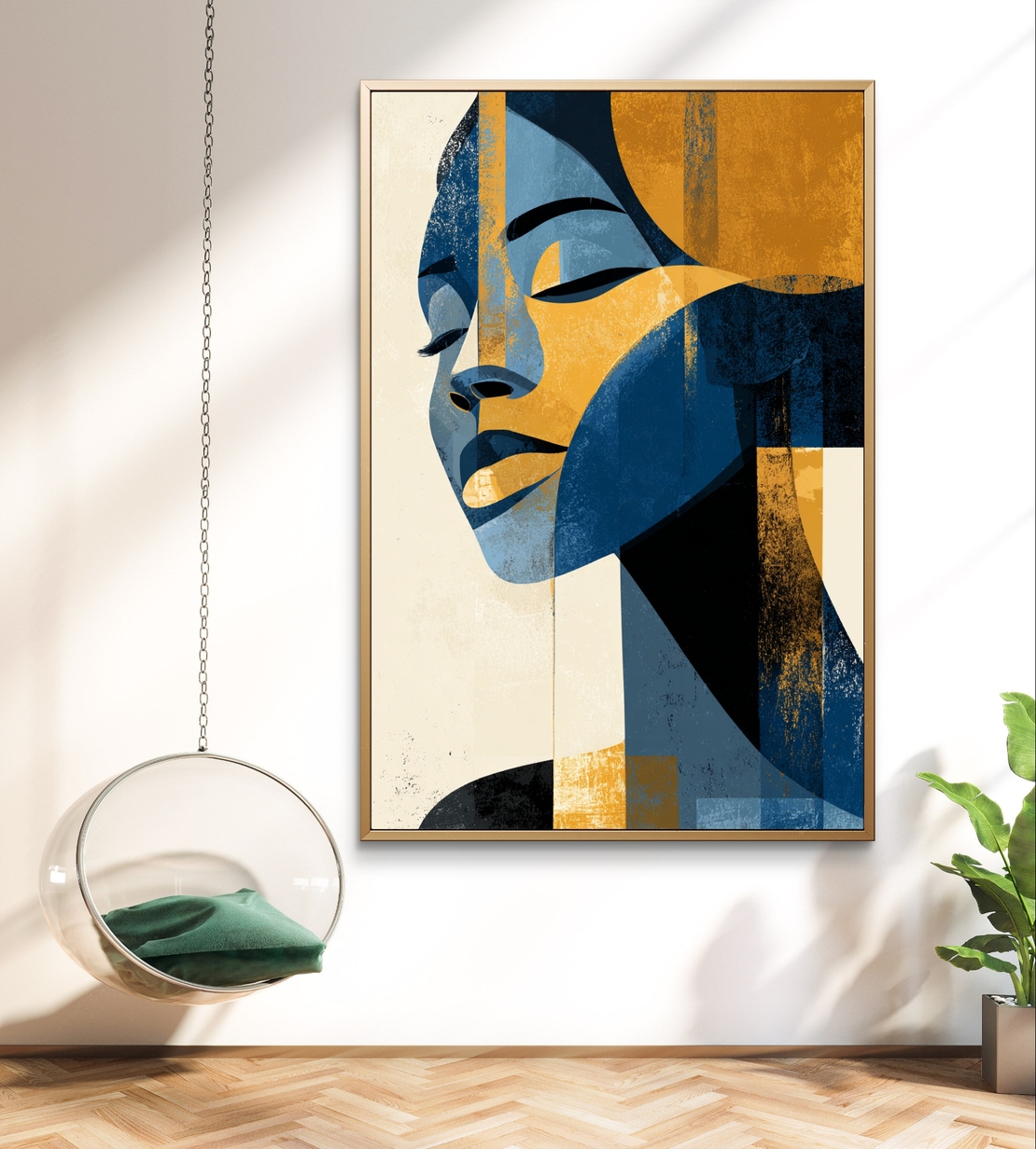 תמונת קנבס מודרנית של דיוקן נשי בגווני כחול וזהב בסגנון גאומטרי – תכשיט לבית