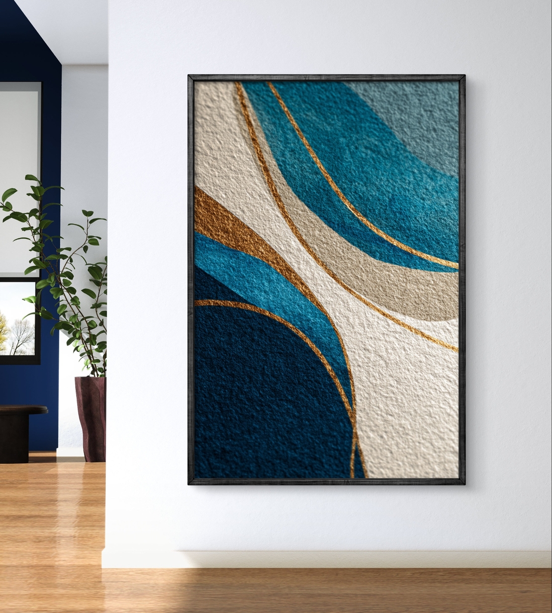 תמונת קנבס מופשטת בגווני כחול וזהב עם קווים זורמים והדפסה חלקה