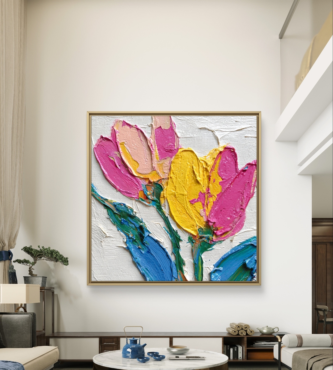 תמונת קנבס פרחי טוליפ צבעוניים בסגנון אימפסטו עם ורוד, צהוב וכחול וטקסטורה עבה