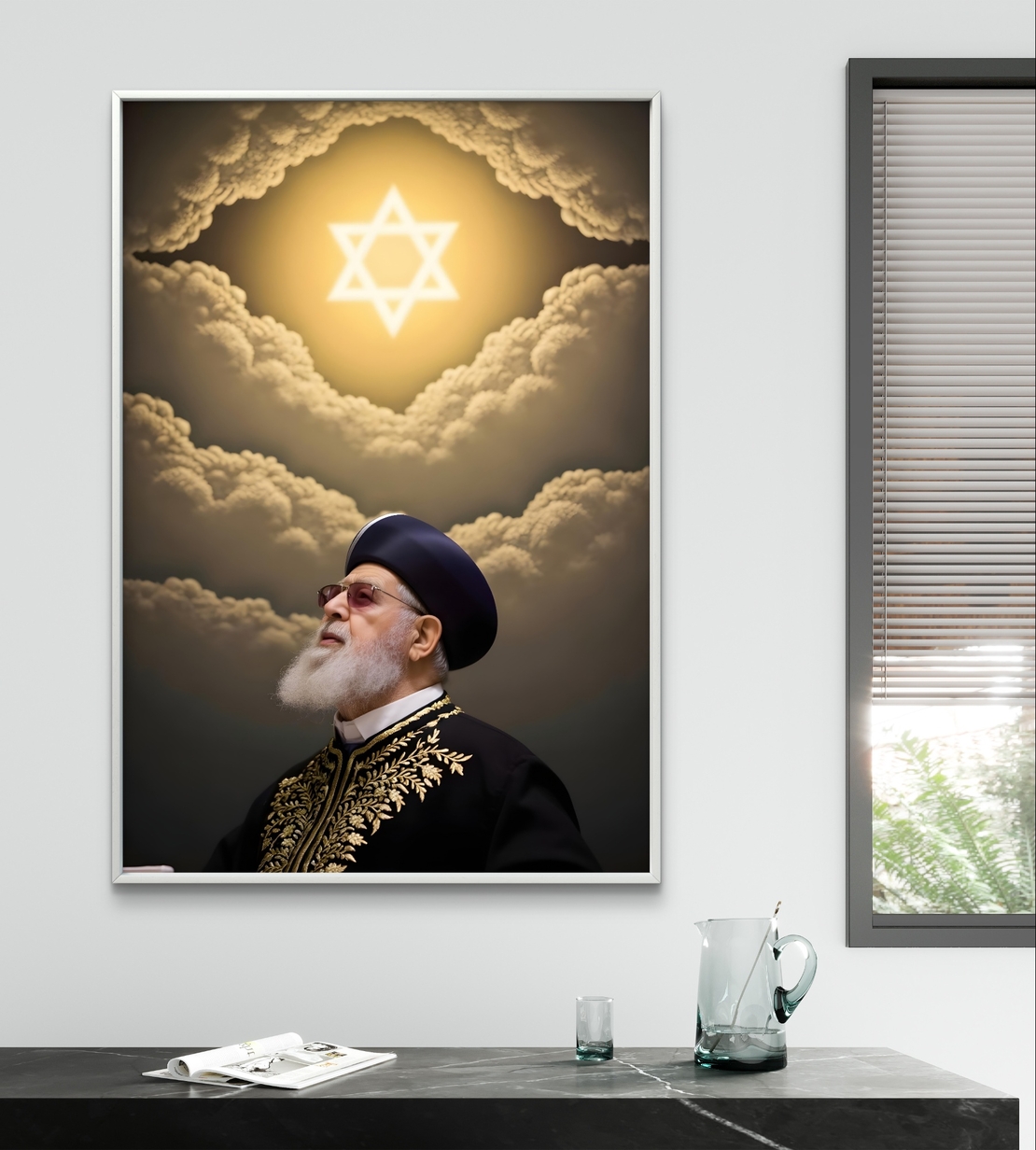 תמונת קנבס המציגה רב מביט מעלה לעבר מגן דוד זוהר בתוך שמיים מעוננים, בגוונים חמים של זהב ושחור.
