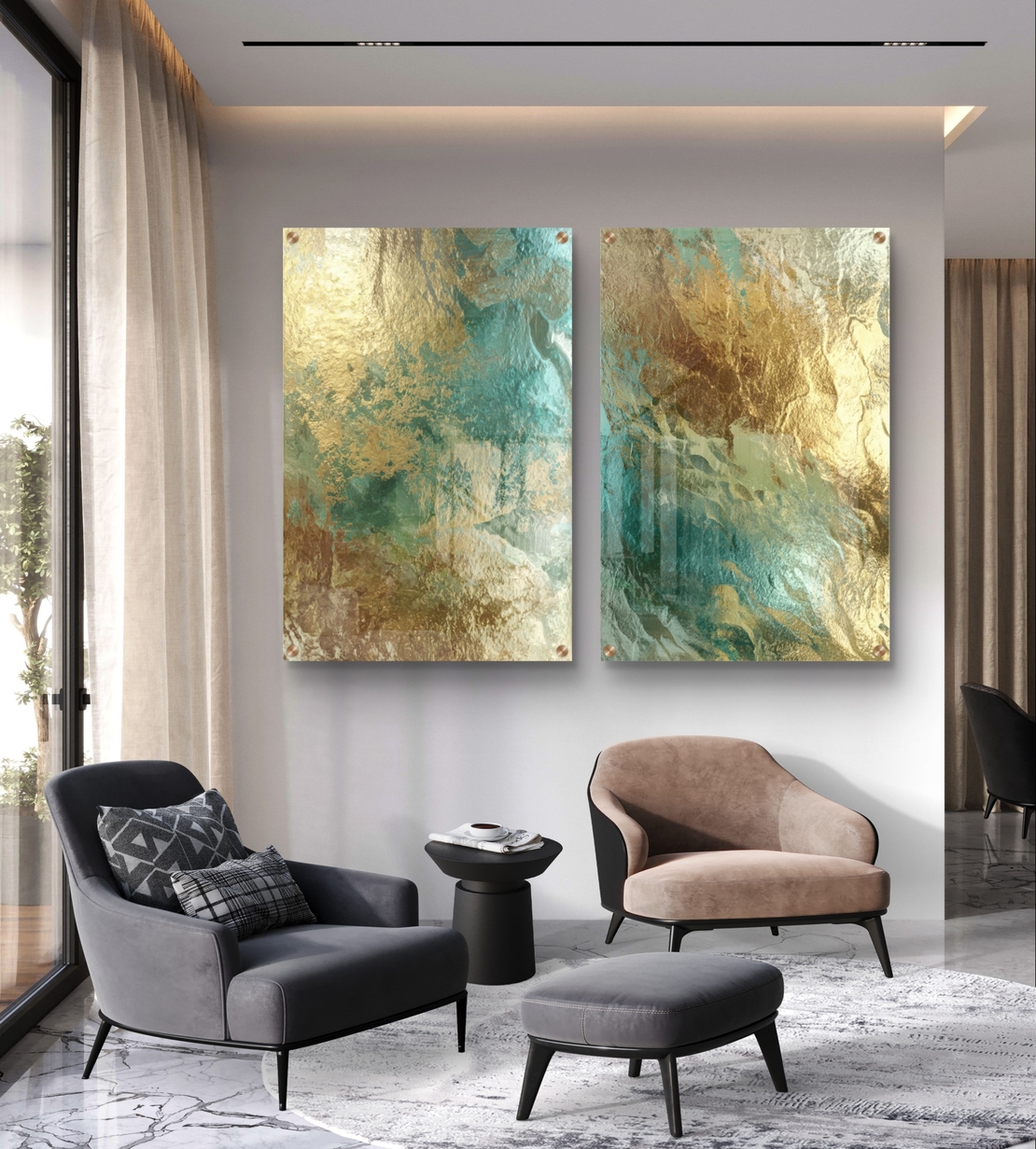 תמונת זכוכית זוגית בעיצוב אבסטרקטי עם שילוב זהב וטורקיז במראה יוקרתי