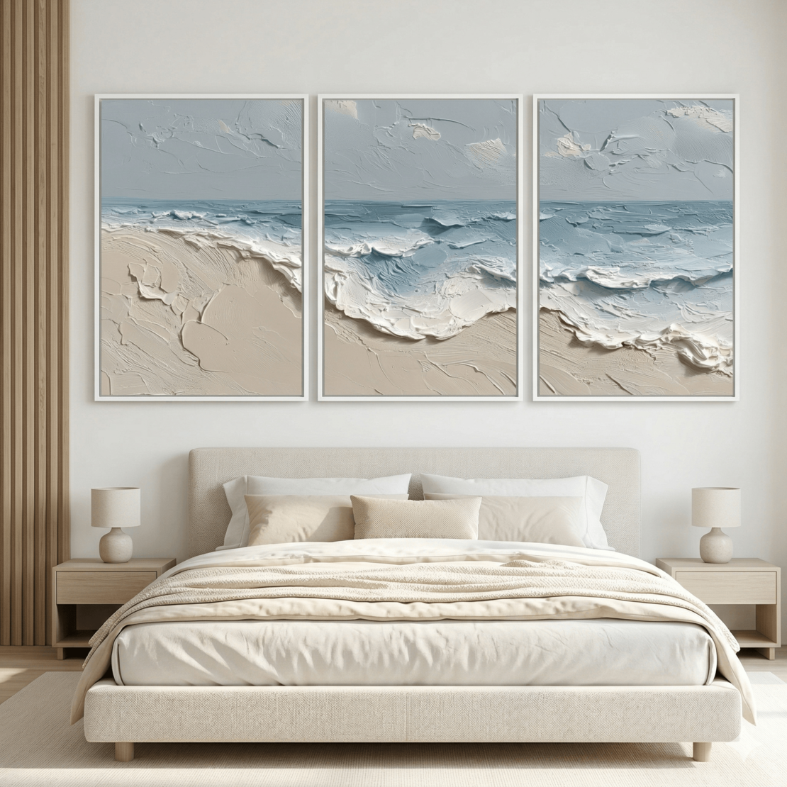 סט שלושה קנבסים עם גלי ים בגווני בז׳ ותכלת