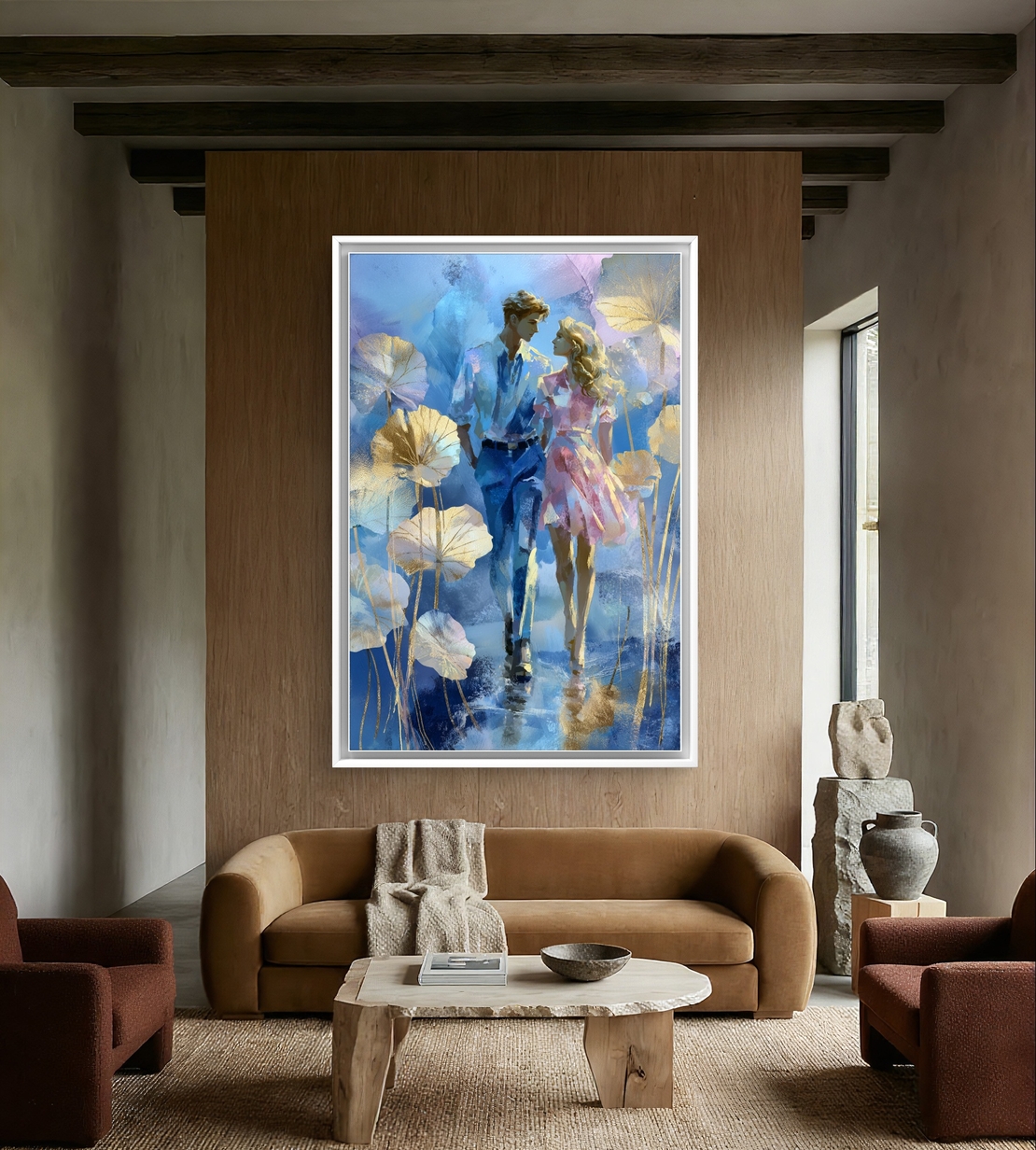 הליכה רומנטית בכחול – תמונת קנבס זוגית בגווני כחול, ורוד וזהב | CY1215